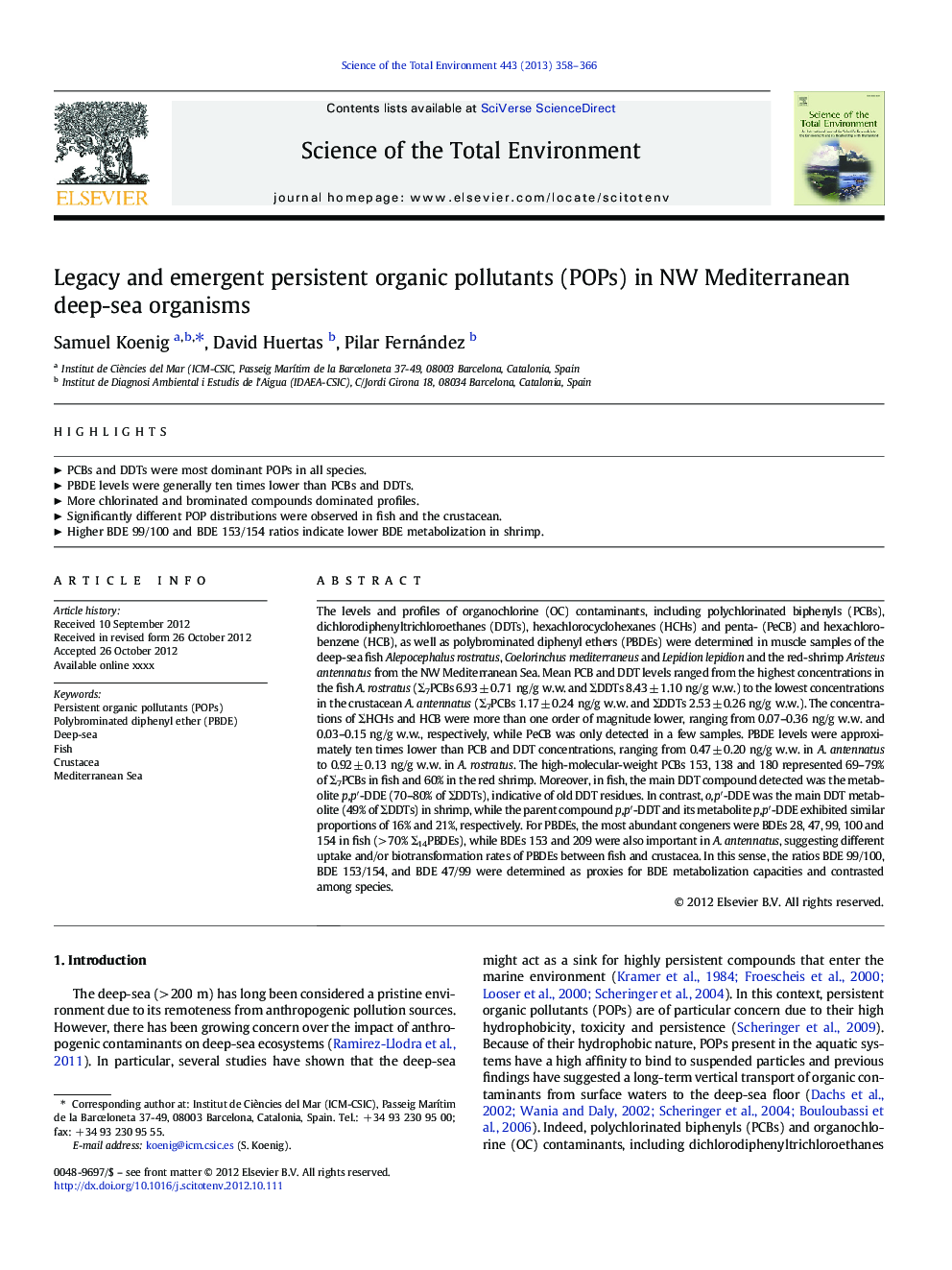 Legacy and emergent persistent organic pollutants (POPs) in NW Mediterranean deep-sea organisms