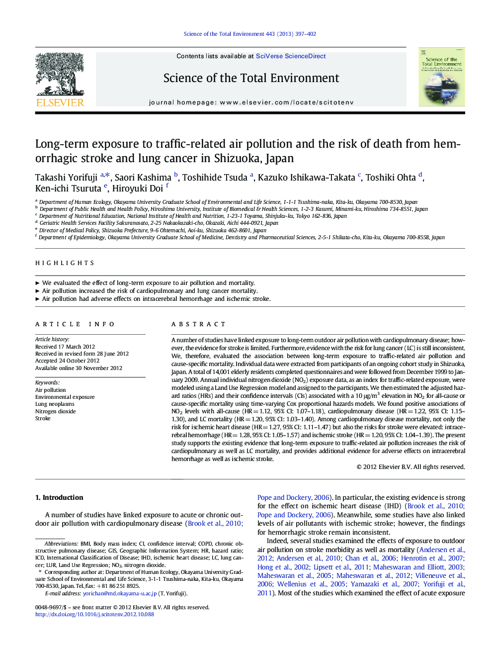 Long-term exposure to traffic-related air pollution and the risk of death from hemorrhagic stroke and lung cancer in Shizuoka, Japan