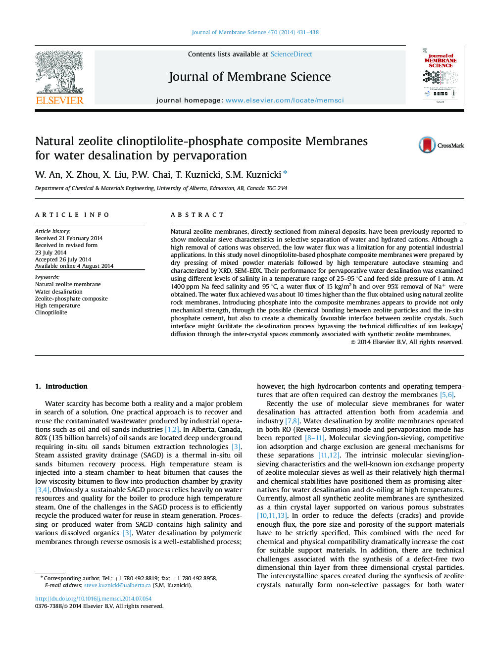 Natural zeolite clinoptilolite-phosphate composite Membranes for water desalination by pervaporation