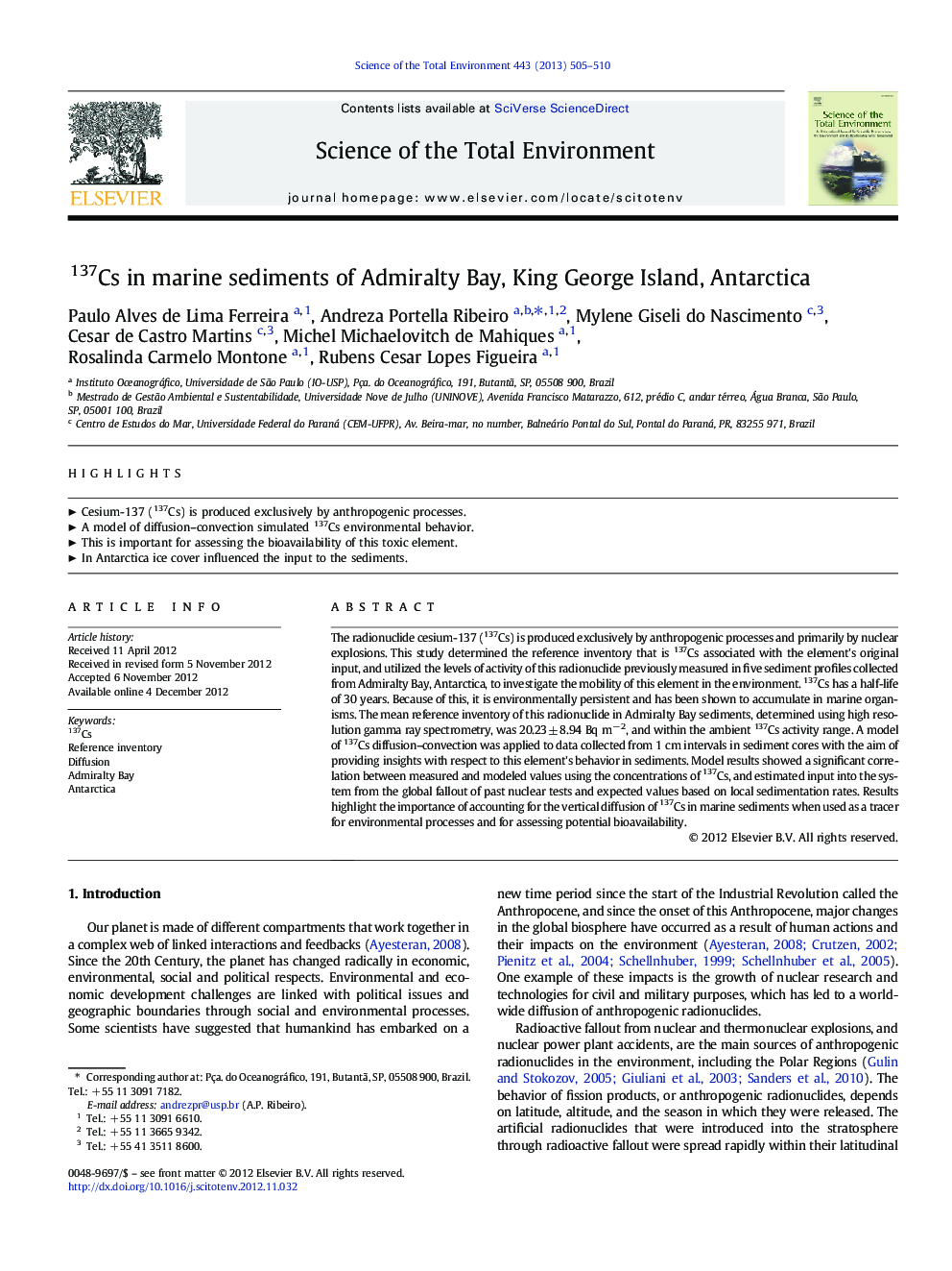 137Cs in marine sediments of Admiralty Bay, King George Island, Antarctica