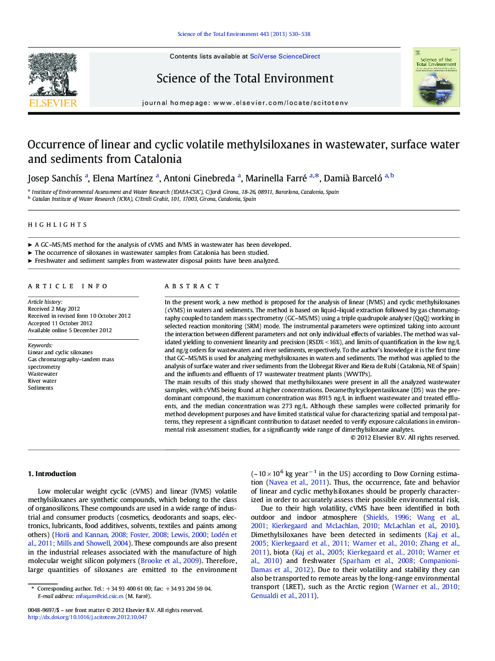 Occurrence of linear and cyclic volatile methylsiloxanes in wastewater, surface water and sediments from Catalonia