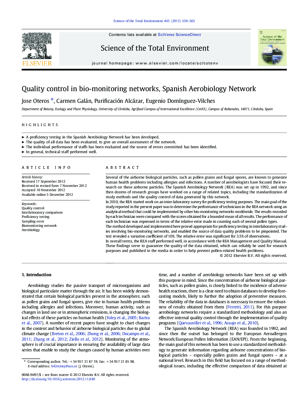 Quality control in bio-monitoring networks, Spanish Aerobiology Network