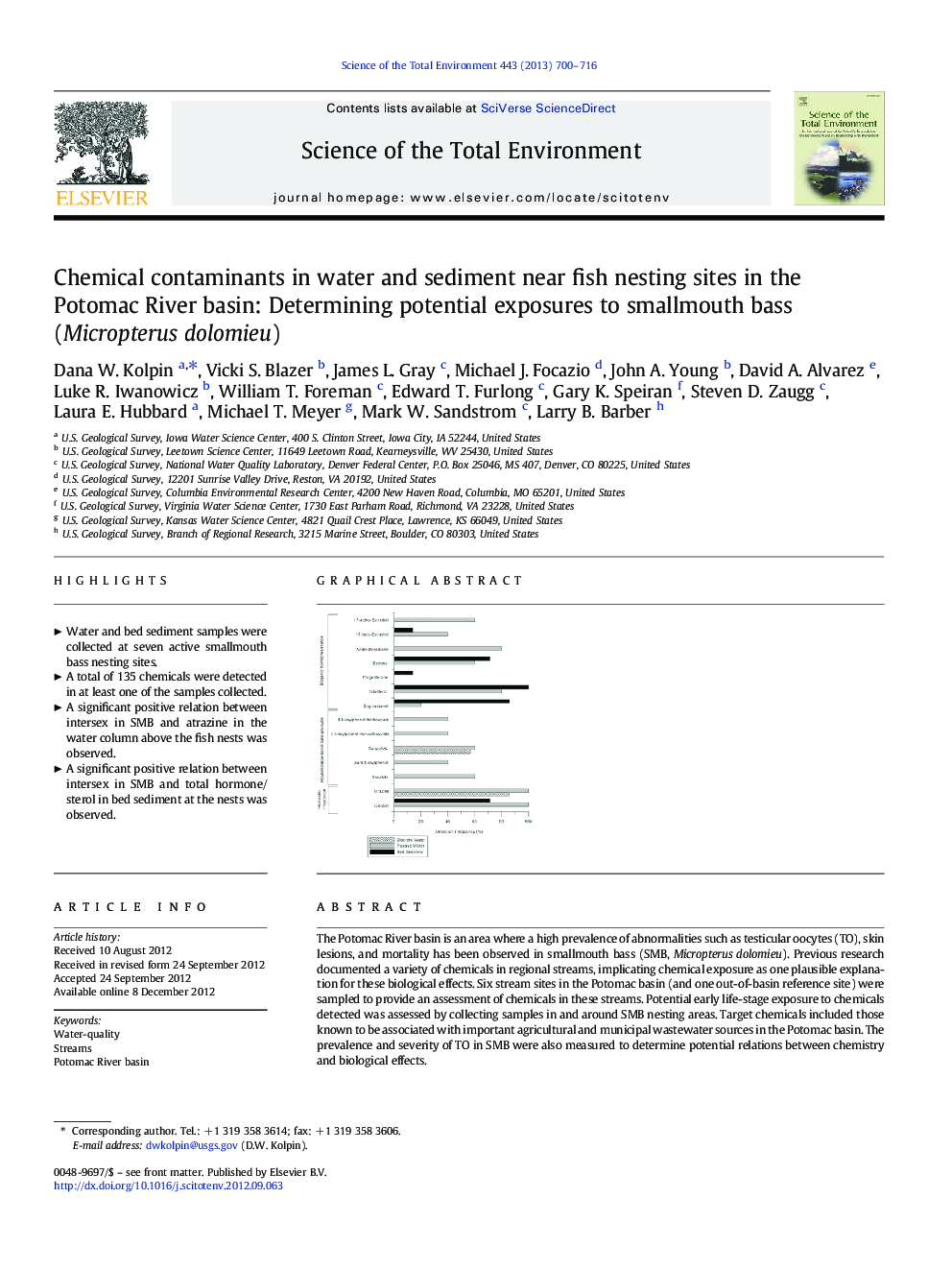 Chemical contaminants in water and sediment near fish nesting sites in the Potomac River basin: Determining potential exposures to smallmouth bass (Micropterus dolomieu)