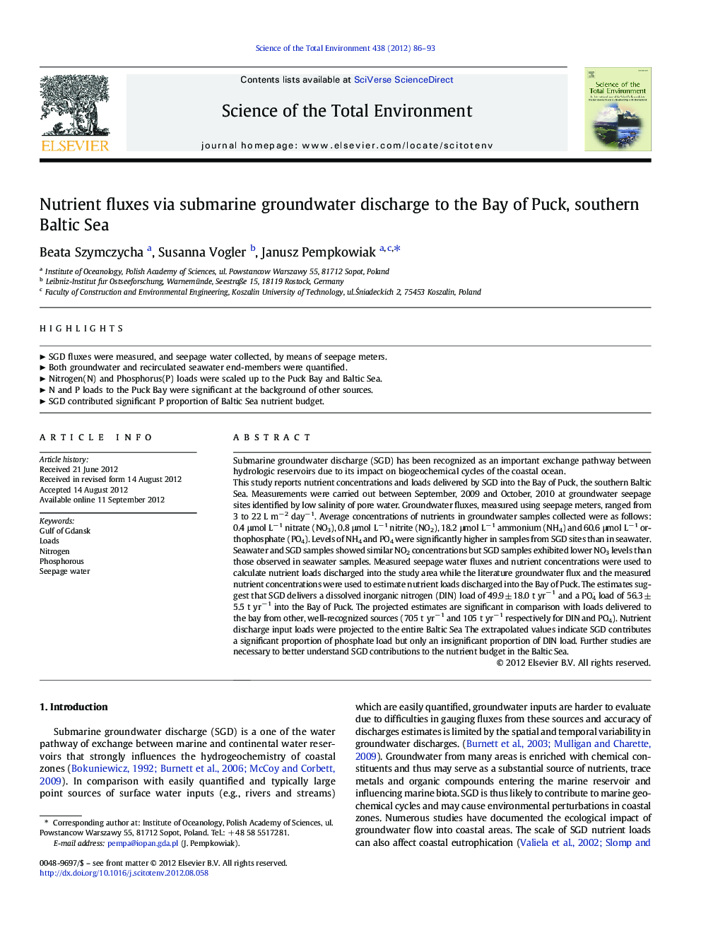 Nutrient fluxes via submarine groundwater discharge to the Bay of Puck, southern Baltic Sea