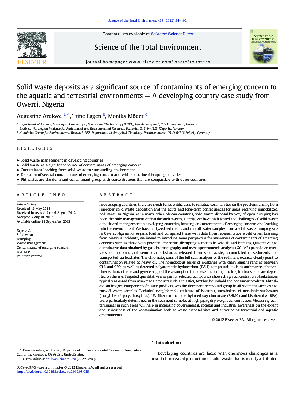 Solid waste deposits as a significant source of contaminants of emerging concern to the aquatic and terrestrial environments - A developing country case study from Owerri, Nigeria