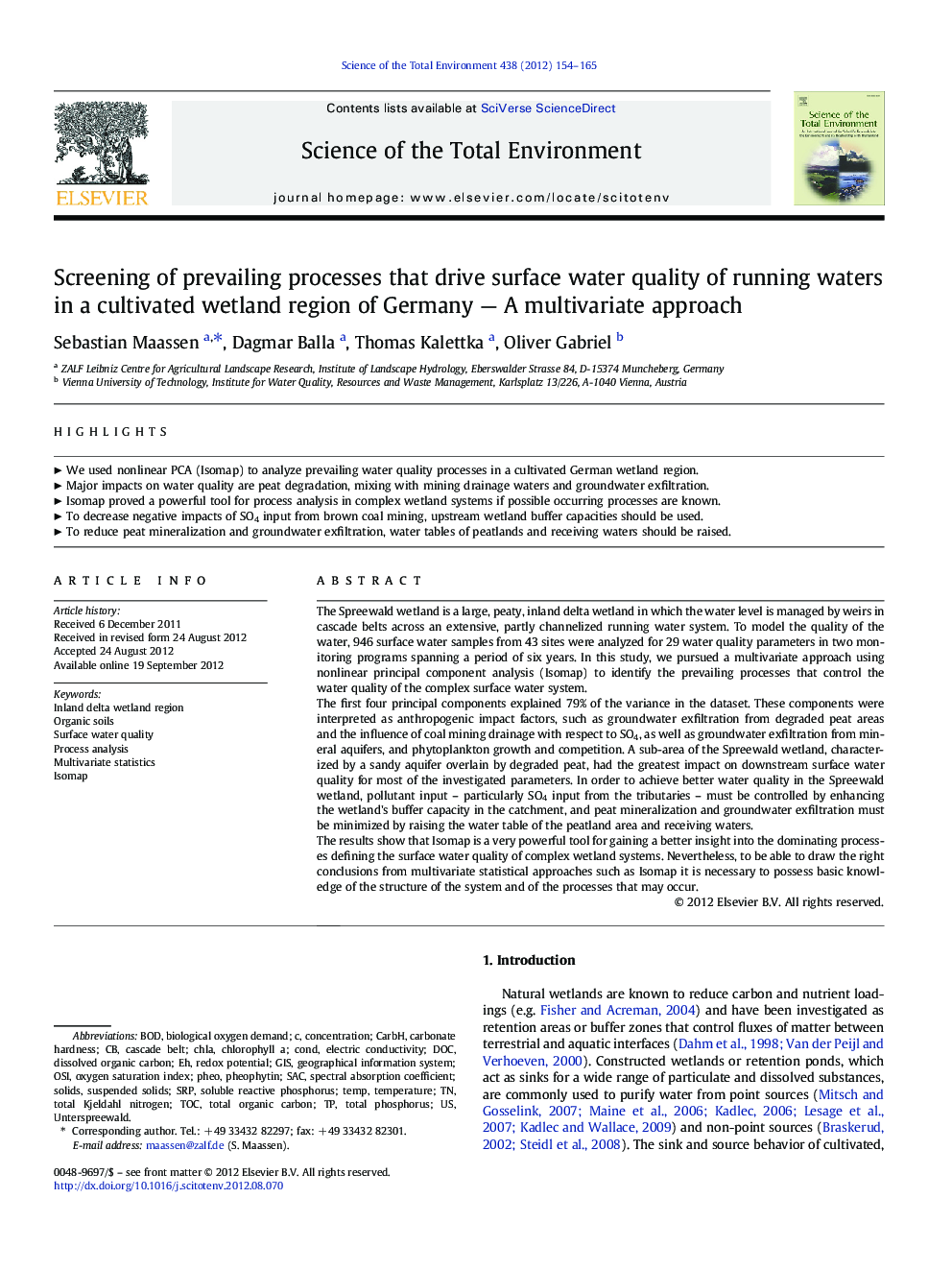 Screening of prevailing processes that drive surface water quality of running waters in a cultivated wetland region of Germany - A multivariate approach