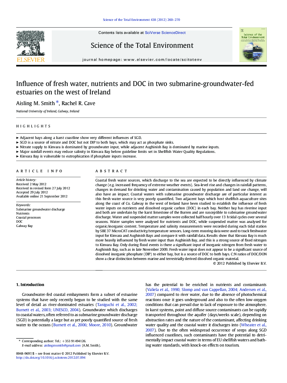 Influence of fresh water, nutrients and DOC in two submarine-groundwater-fed estuaries on the west of Ireland