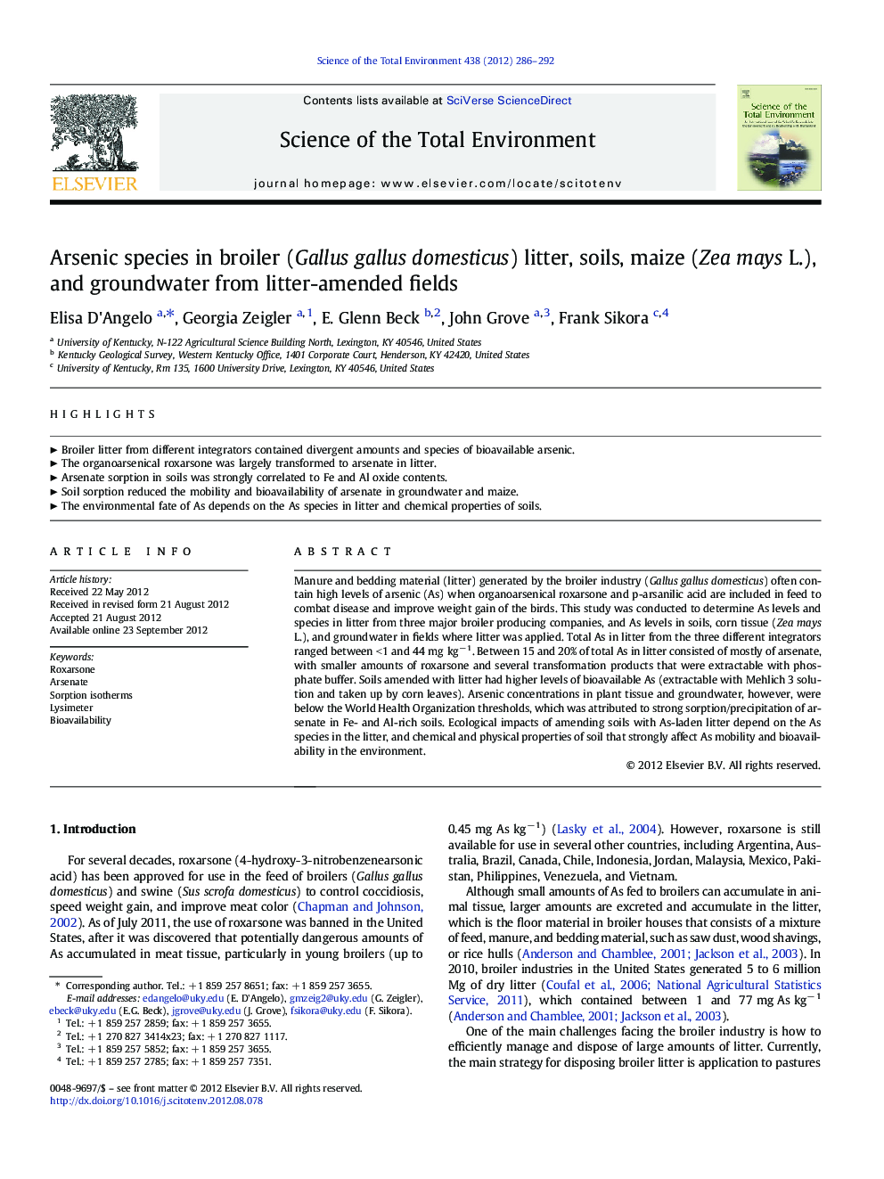 Arsenic species in broiler (Gallus gallus domesticus) litter, soils, maize (Zea mays L.), and groundwater from litter-amended fields