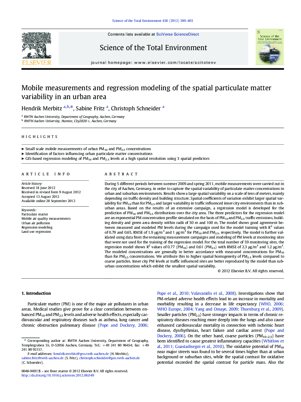 Mobile measurements and regression modeling of the spatial particulate matter variability in an urban area