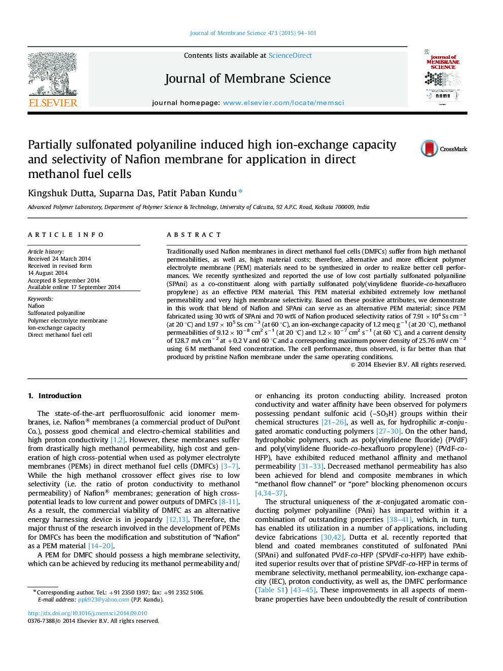 Partially sulfonated polyaniline induced high ion-exchange capacity and selectivity of Nafion membrane for application in direct methanol fuel cells