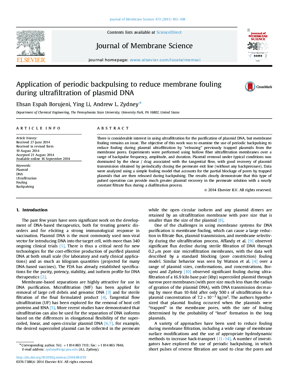 Application of periodic backpulsing to reduce membrane fouling during ultrafiltration of plasmid DNA