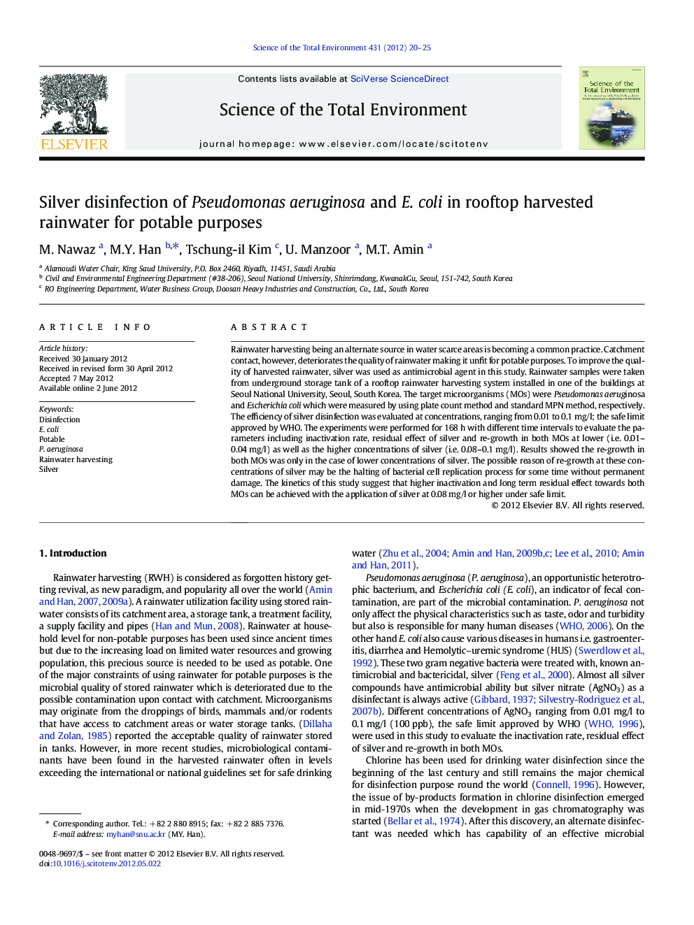 Silver disinfection of Pseudomonas aeruginosa and E. coli in rooftop harvested rainwater for potable purposes