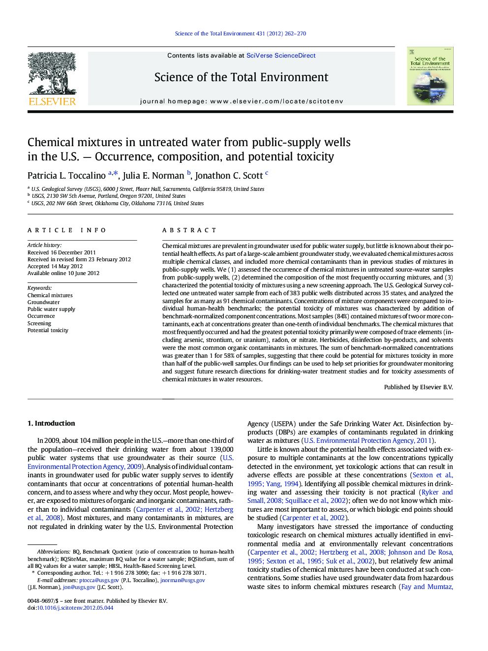 Chemical mixtures in untreated water from public-supply wells in the U.S. - Occurrence, composition, and potential toxicity