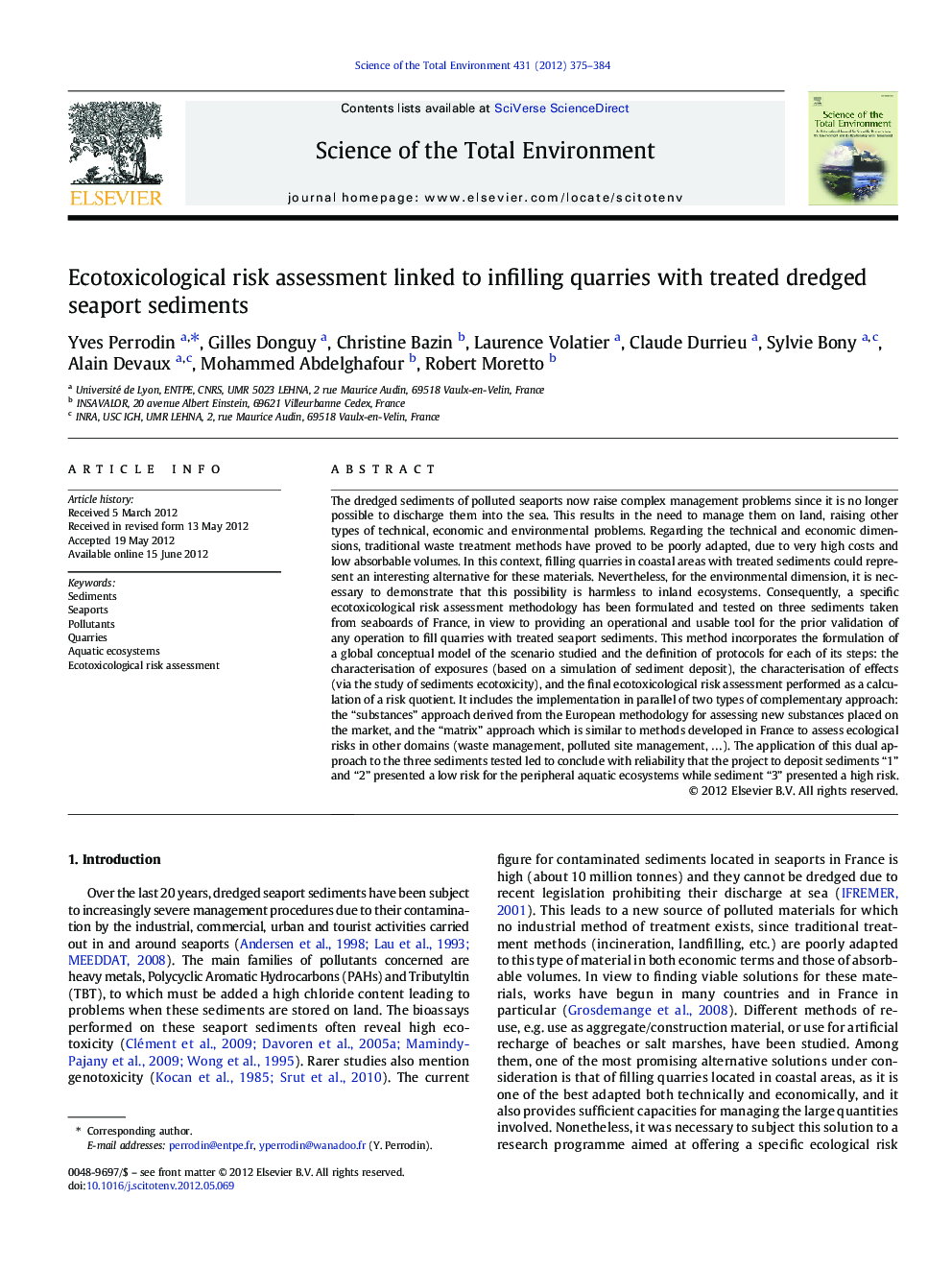 Ecotoxicological risk assessment linked to infilling quarries with treated dredged seaport sediments