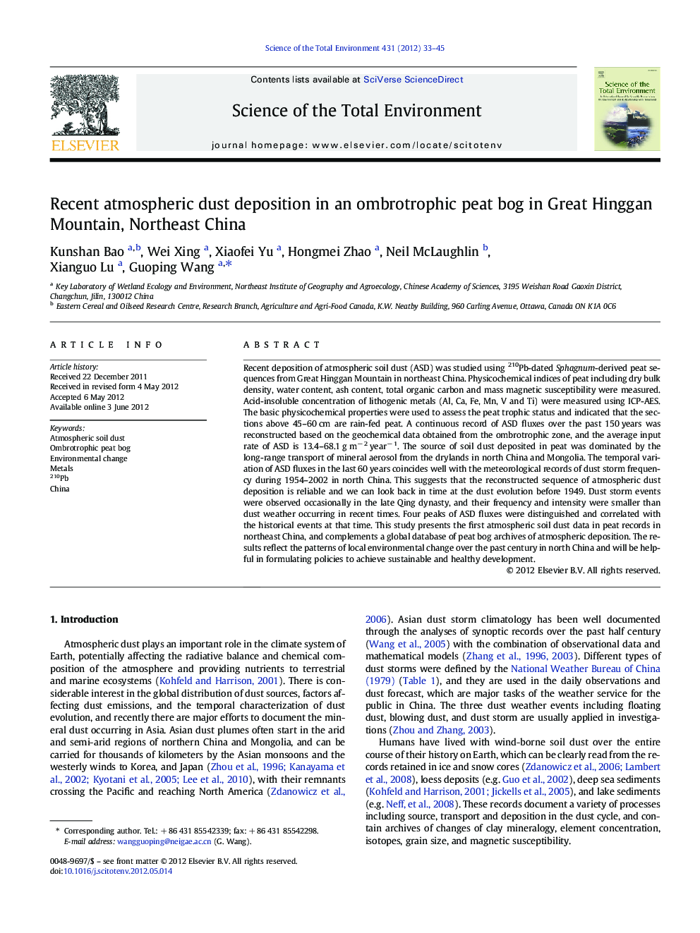 Recent atmospheric dust deposition in an ombrotrophic peat bog in Great Hinggan Mountain, Northeast China