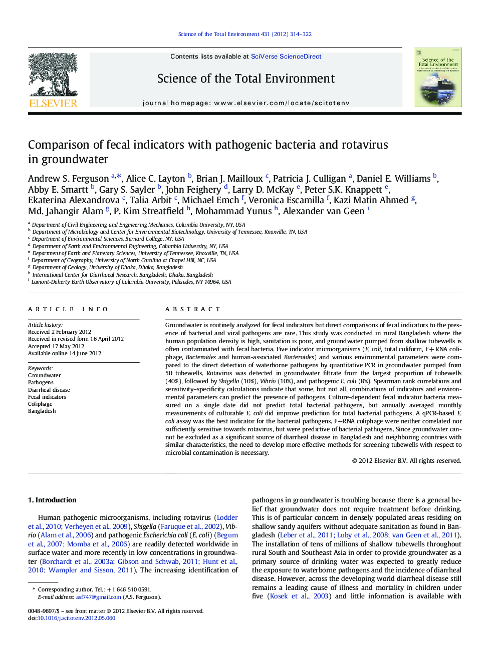 Comparison of fecal indicators with pathogenic bacteria and rotavirus in groundwater