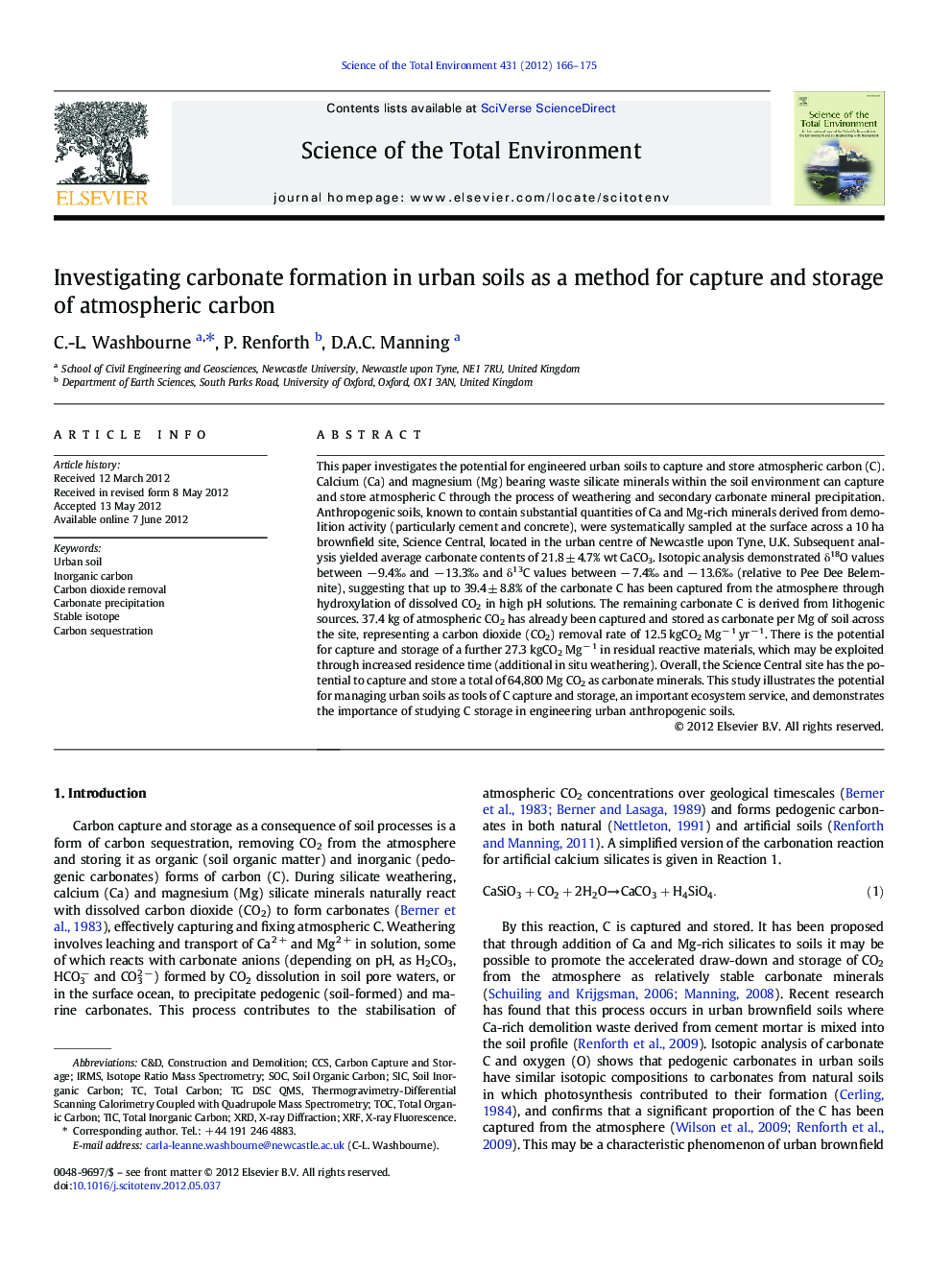 Investigating carbonate formation in urban soils as a method for capture and storage of atmospheric carbon