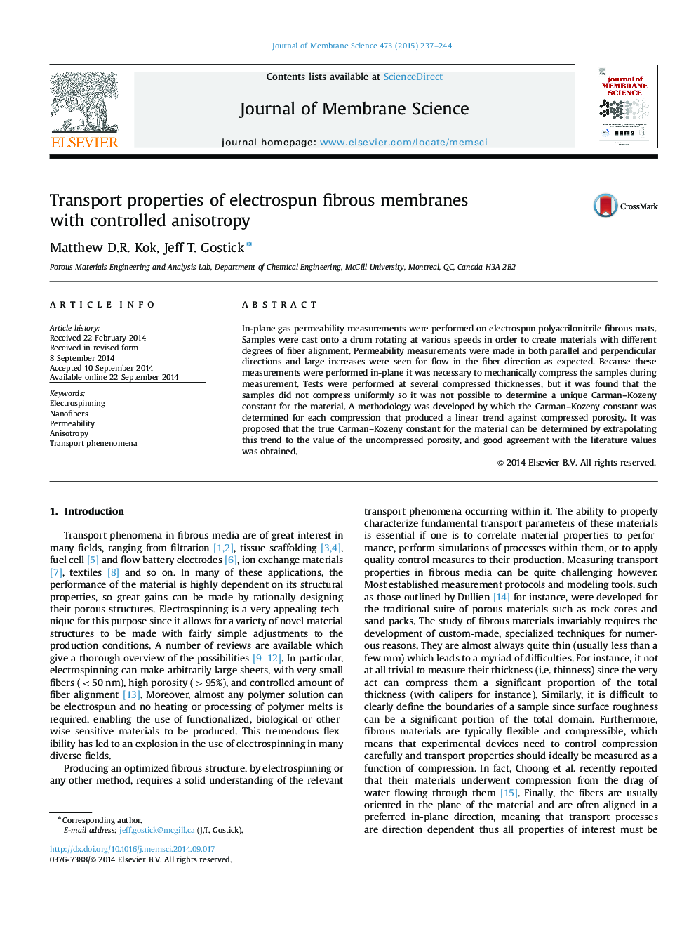 Transport properties of electrospun fibrous membranes with controlled anisotropy