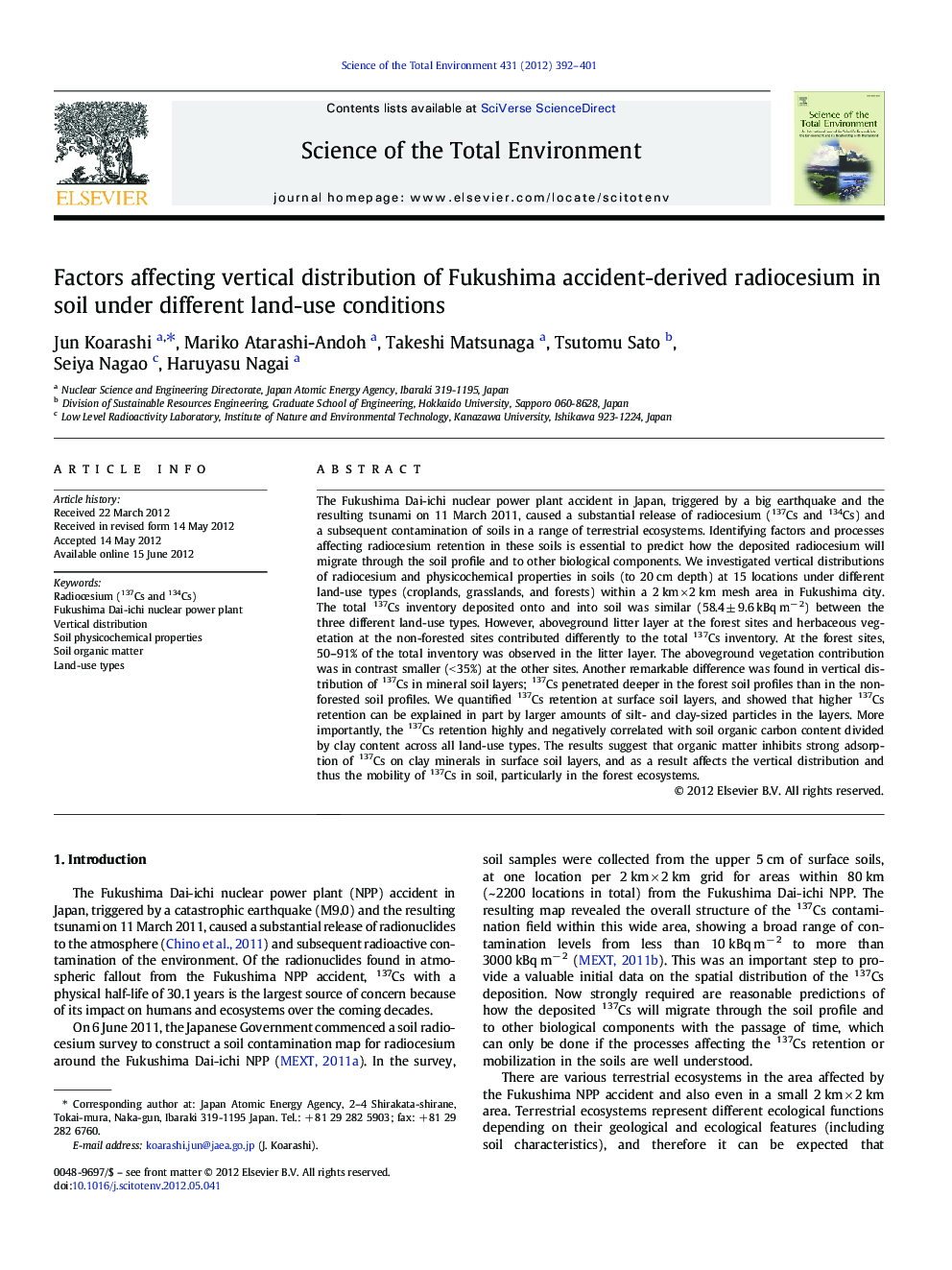 Factors affecting vertical distribution of Fukushima accident-derived radiocesium in soil under different land-use conditions