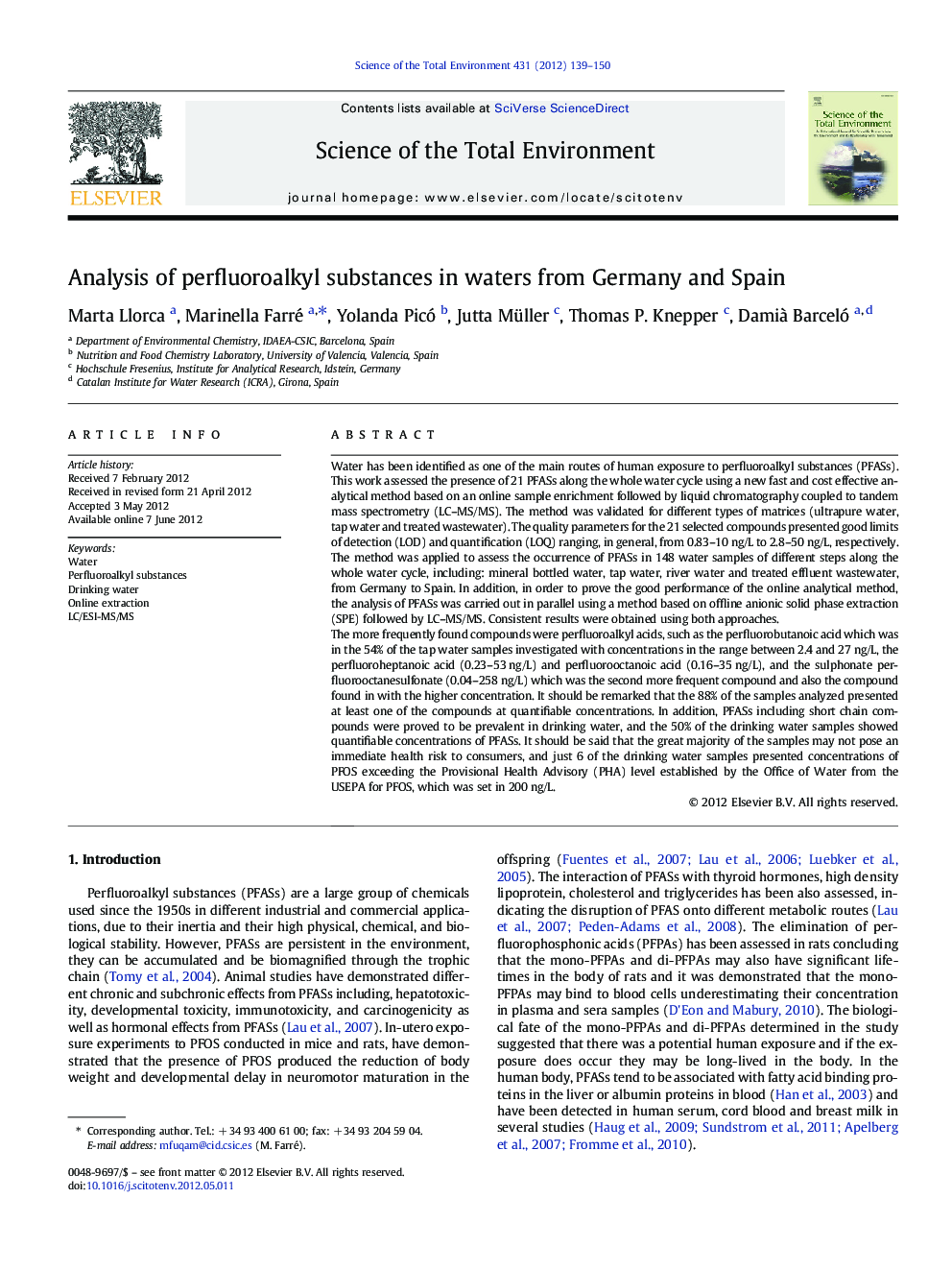 Analysis of perfluoroalkyl substances in waters from Germany and Spain