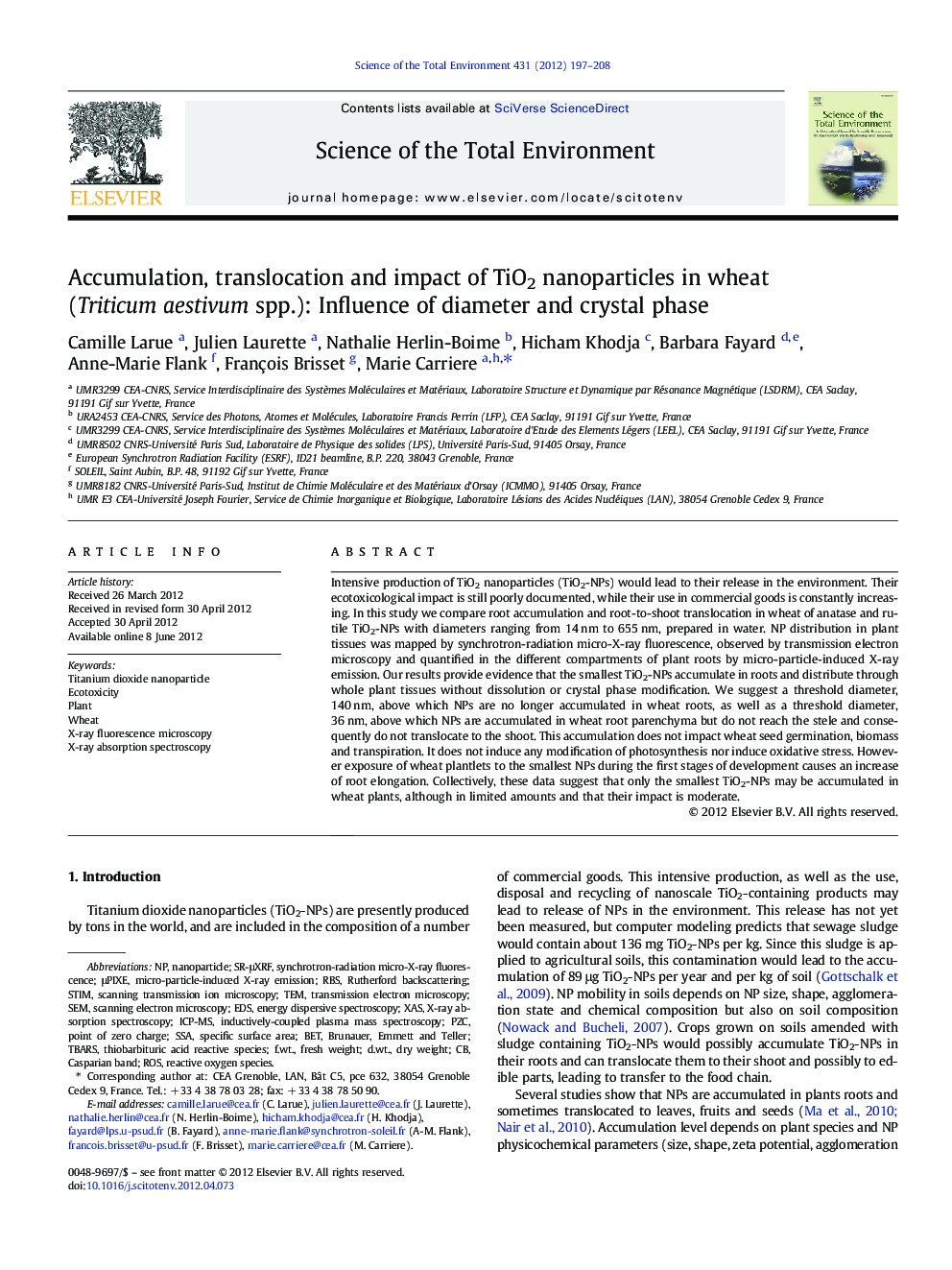 Accumulation, translocation and impact of TiO2 nanoparticles in wheat (Triticum aestivum spp.): Influence of diameter and crystal phase