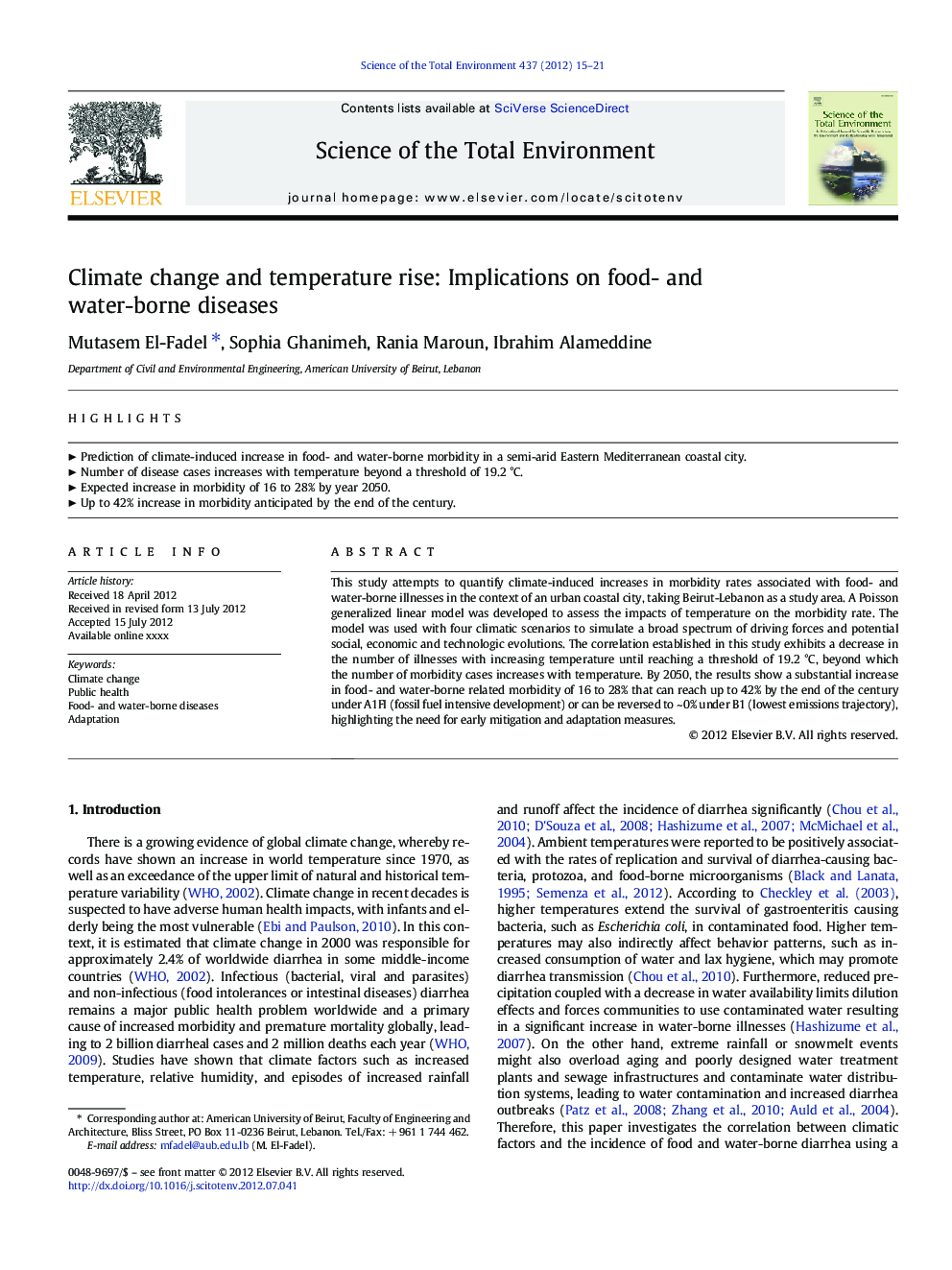 عکس صفحه اول مقاله: Climate change and temperature rise: Implications on food- and water-borne diseases Climate change and temperature rise: Implications on food- and water-borne diseases