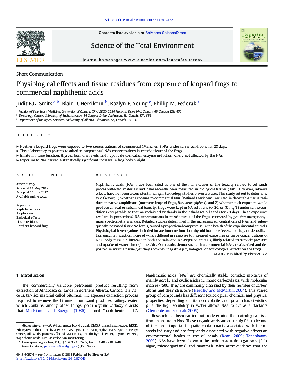 Physiological effects and tissue residues from exposure of leopard frogs to commercial naphthenic acids