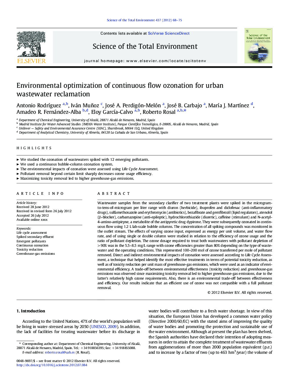 Environmental optimization of continuous flow ozonation for urban wastewater reclamation