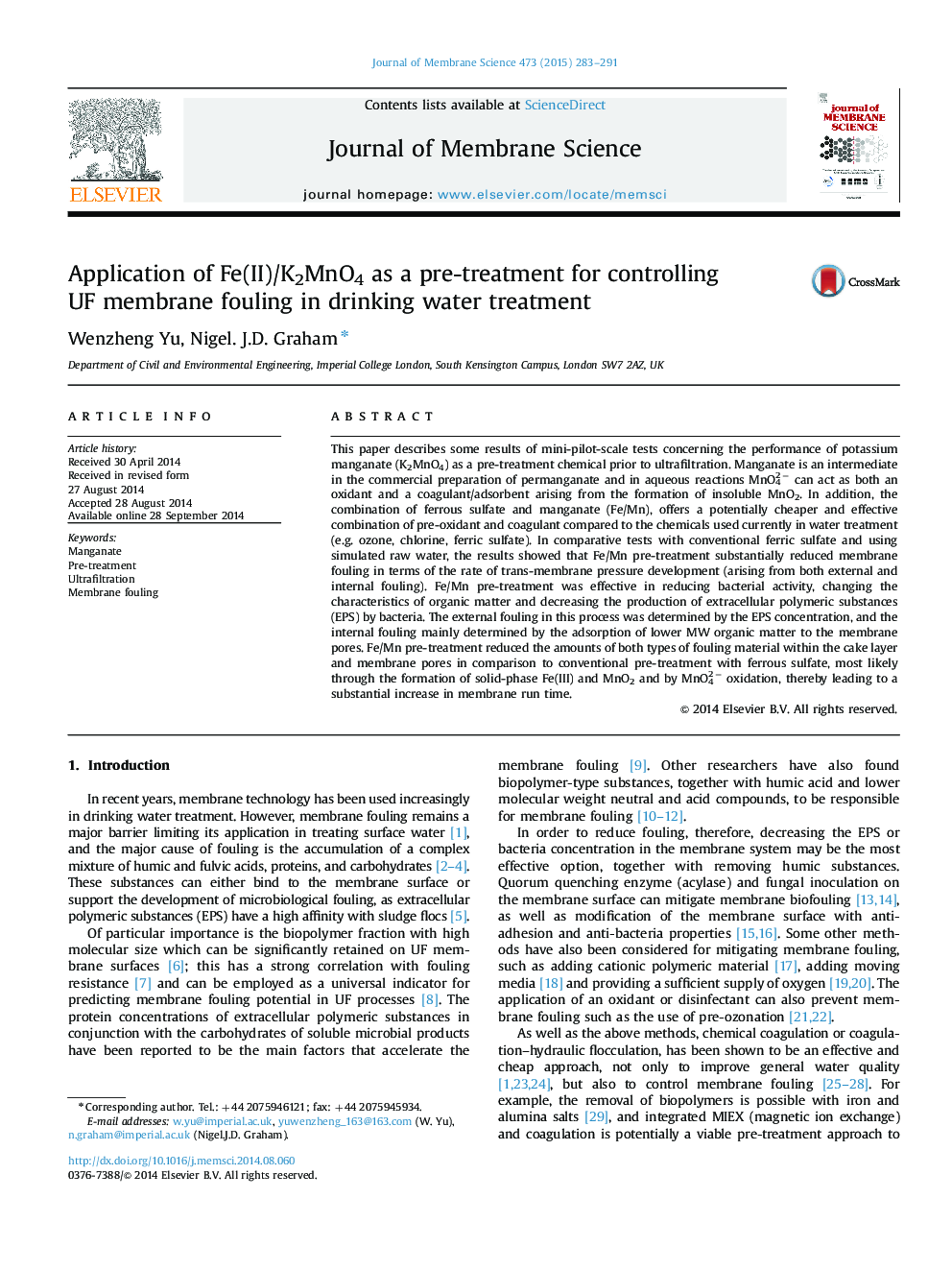 Application of Fe(II)/K2MnO4 as a pre-treatment for controlling UF membrane fouling in drinking water treatment