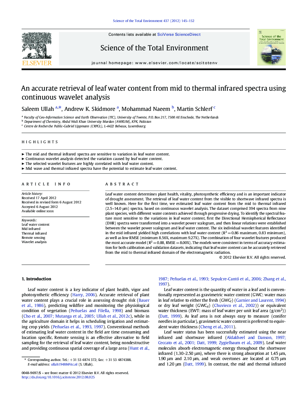 An accurate retrieval of leaf water content from mid to thermal infrared spectra using continuous wavelet analysis