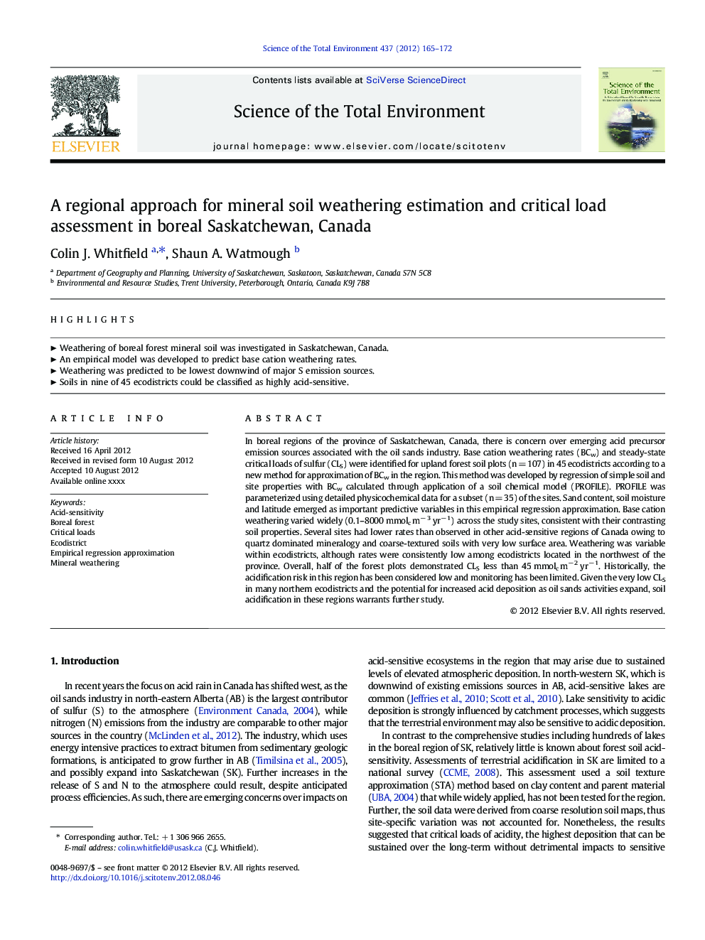 A regional approach for mineral soil weathering estimation and critical load assessment in boreal Saskatchewan, Canada