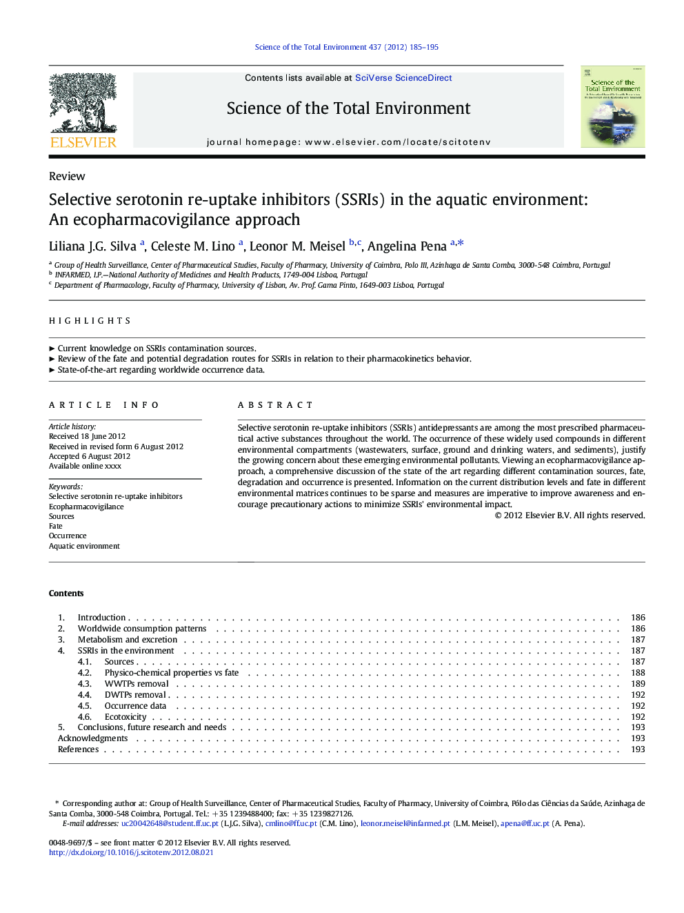 Selective serotonin re-uptake inhibitors (SSRIs) in the aquatic environment: An ecopharmacovigilance approach