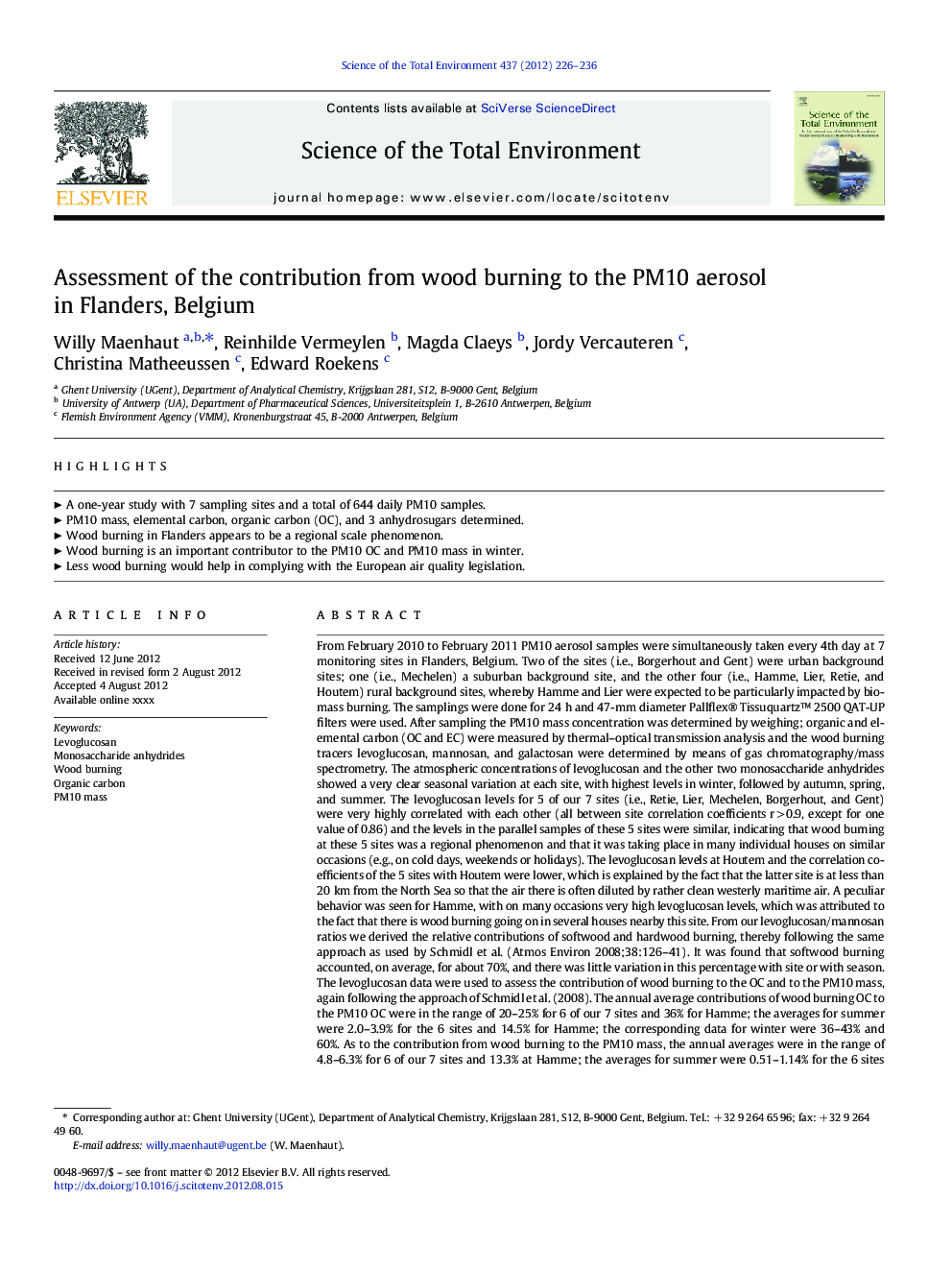 Assessment of the contribution from wood burning to the PM10 aerosol in Flanders, Belgium