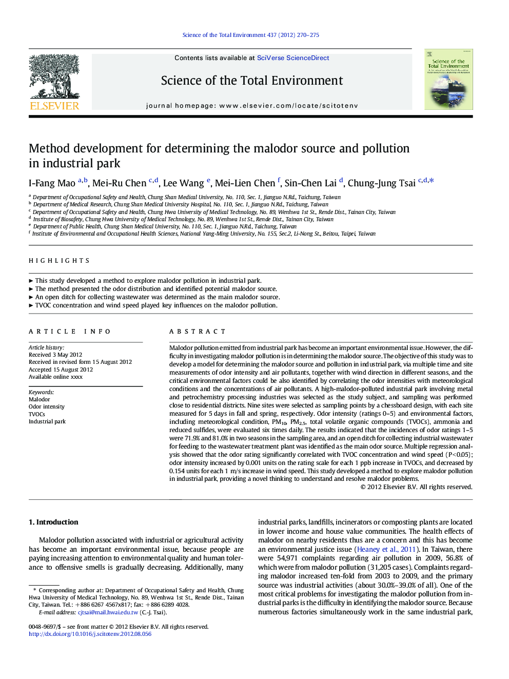 Method development for determining the malodor source and pollution in industrial park