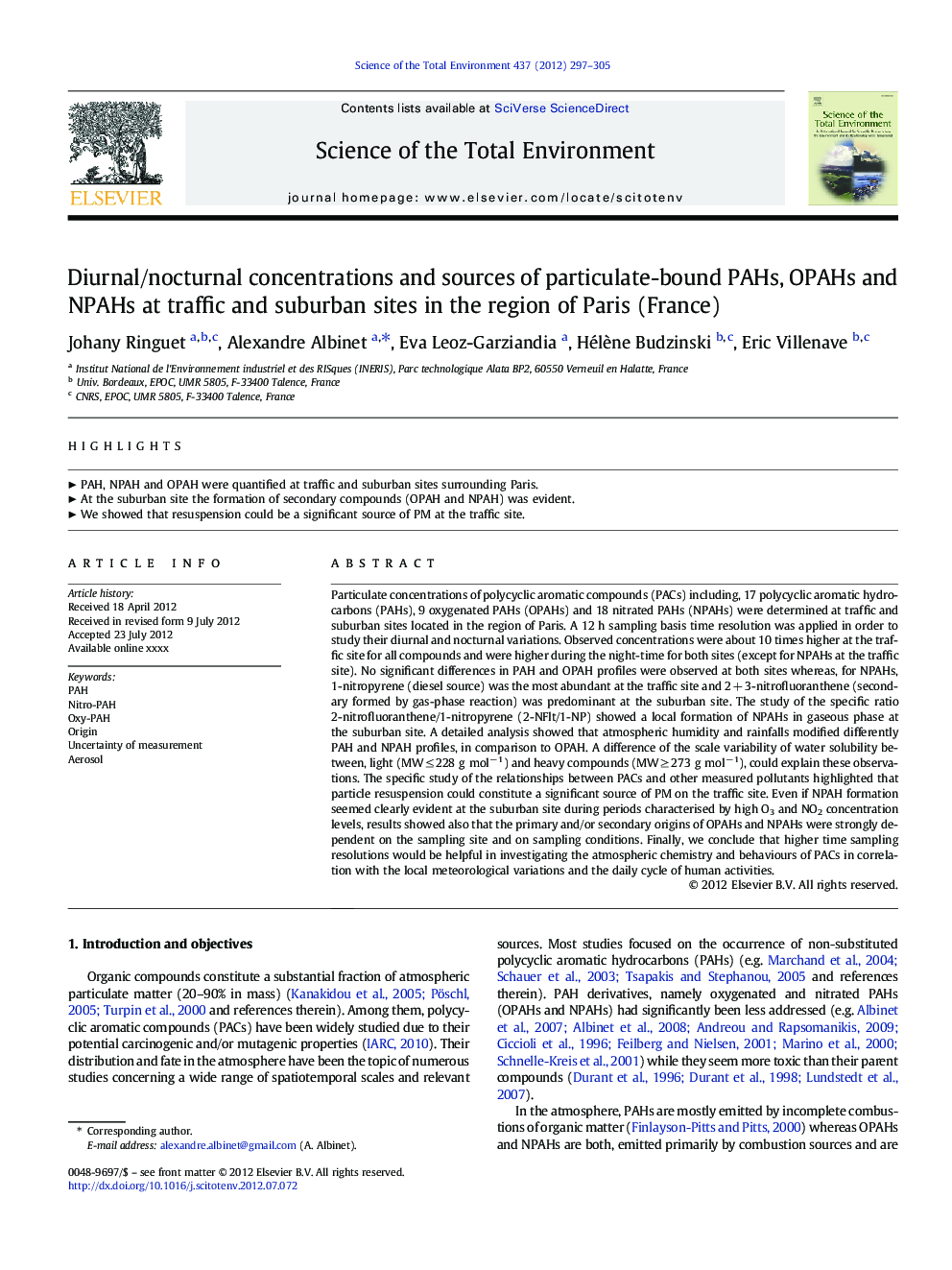 Diurnal/nocturnal concentrations and sources of particulate-bound PAHs, OPAHs and NPAHs at traffic and suburban sites in the region of Paris (France)