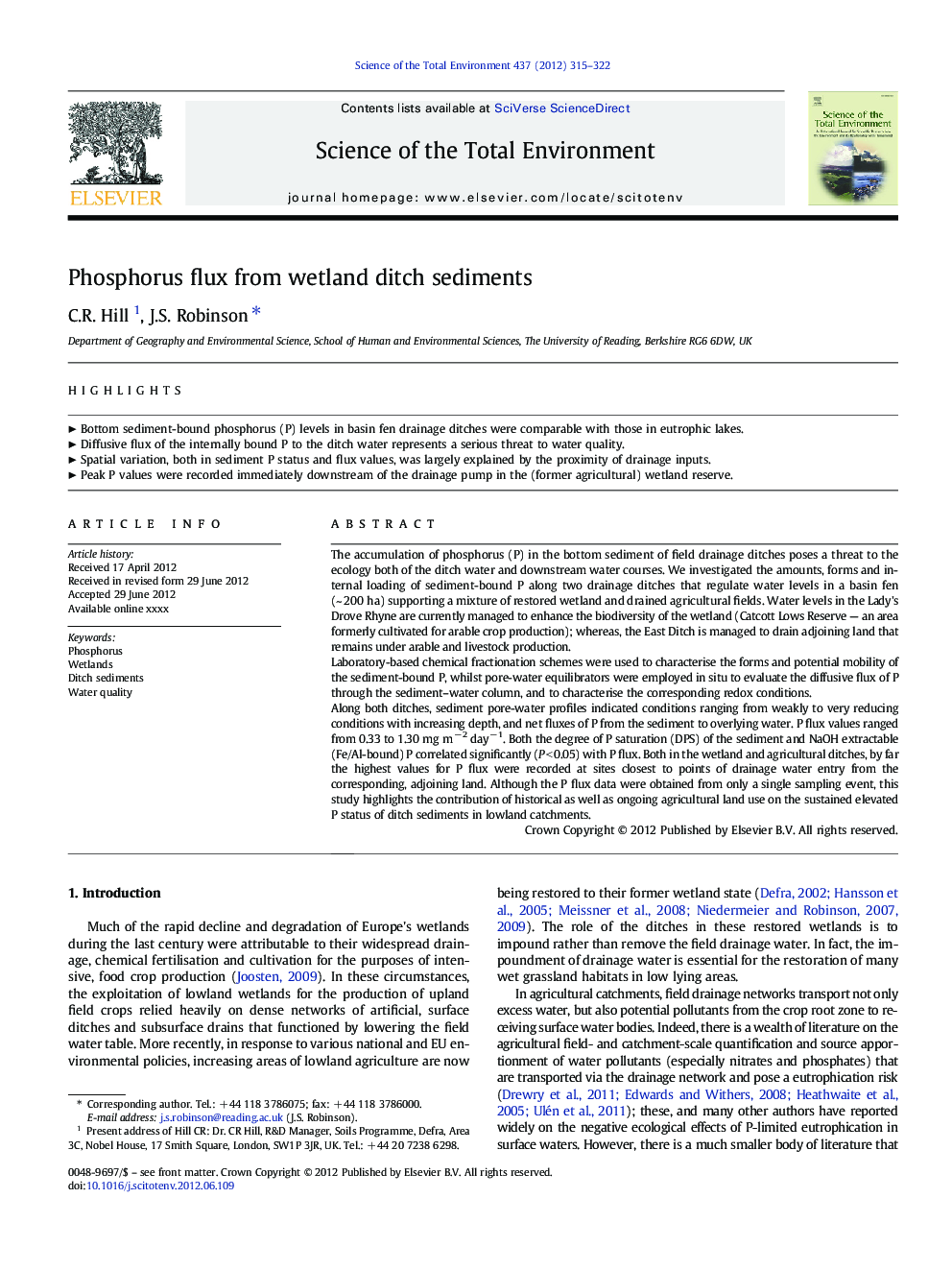 Phosphorus flux from wetland ditch sediments