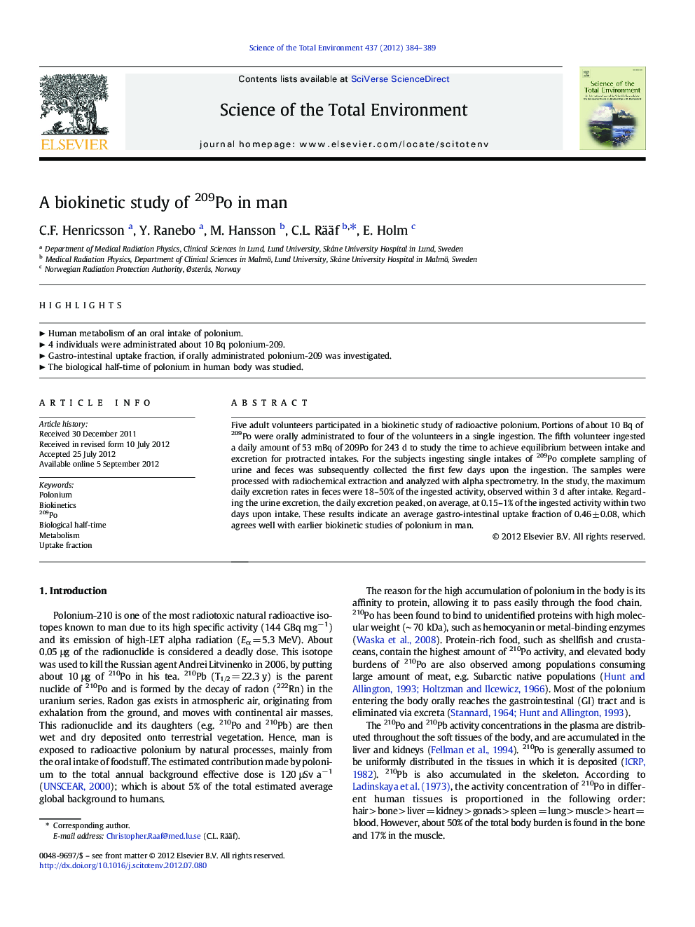 A biokinetic study of 209Po in man