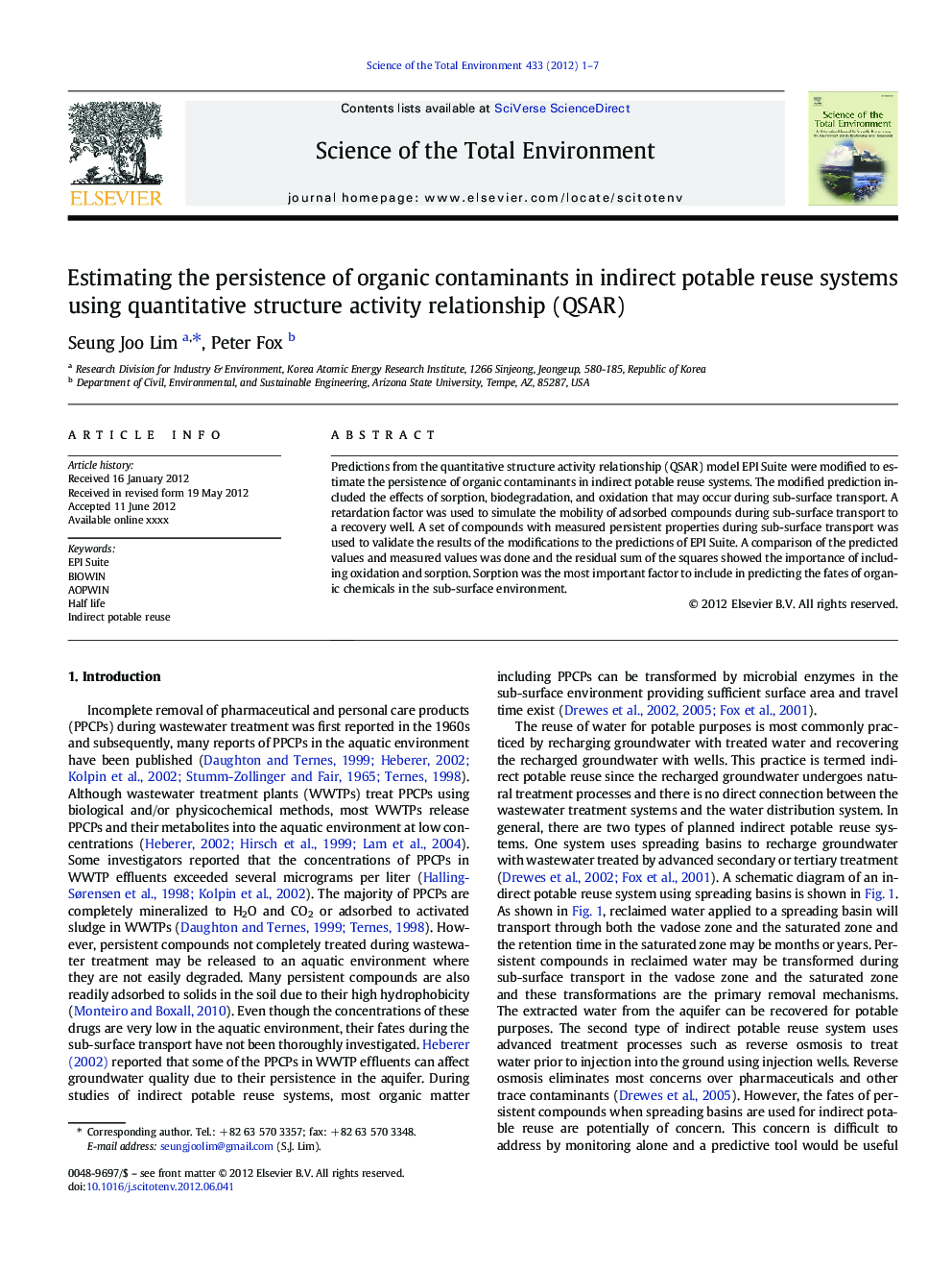 Estimating the persistence of organic contaminants in indirect potable reuse systems using quantitative structure activity relationship (QSAR)