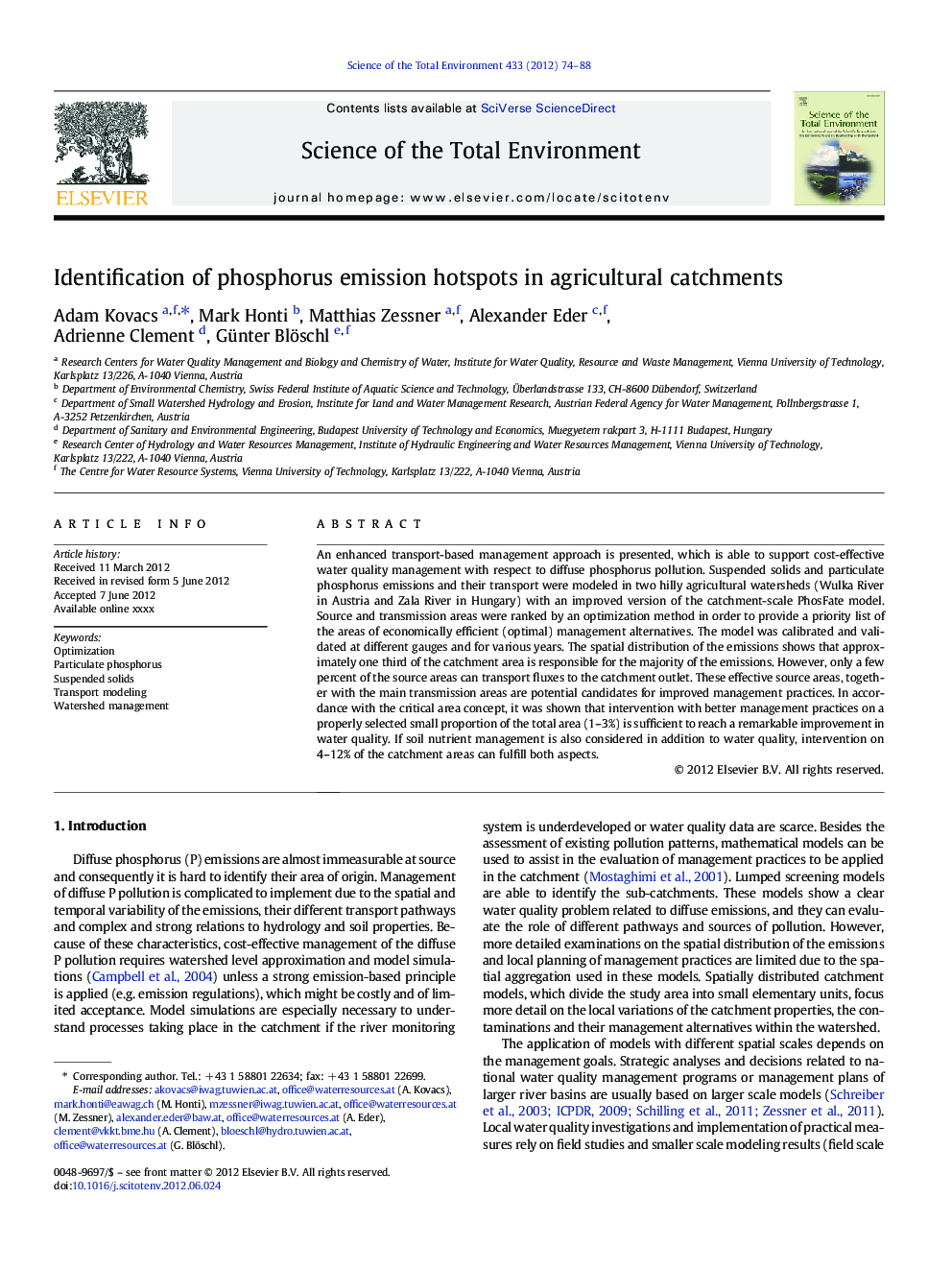 Identification of phosphorus emission hotspots in agricultural catchments