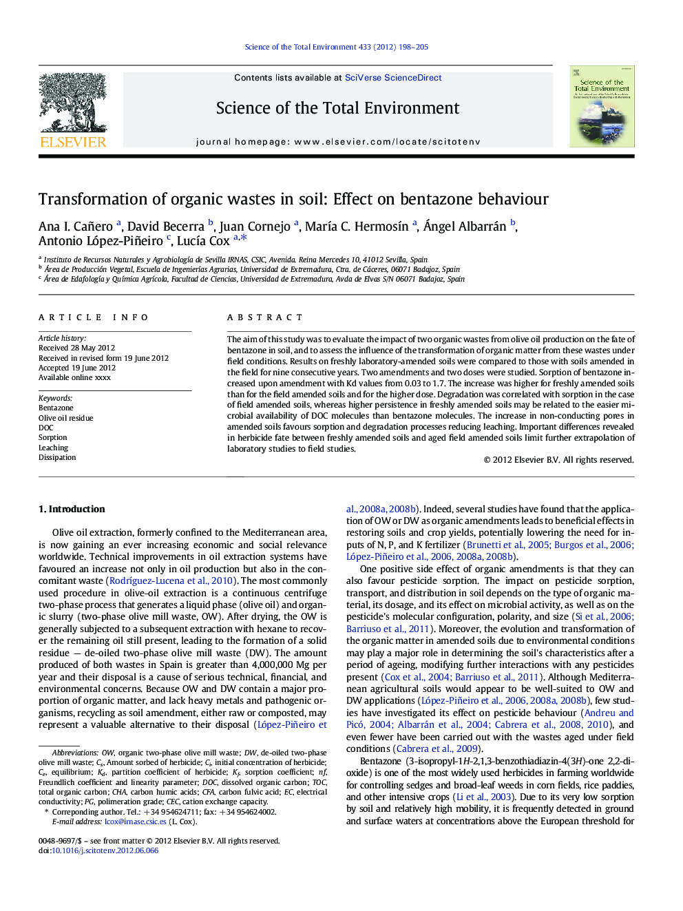 Transformation of organic wastes in soil: Effect on bentazone behaviour