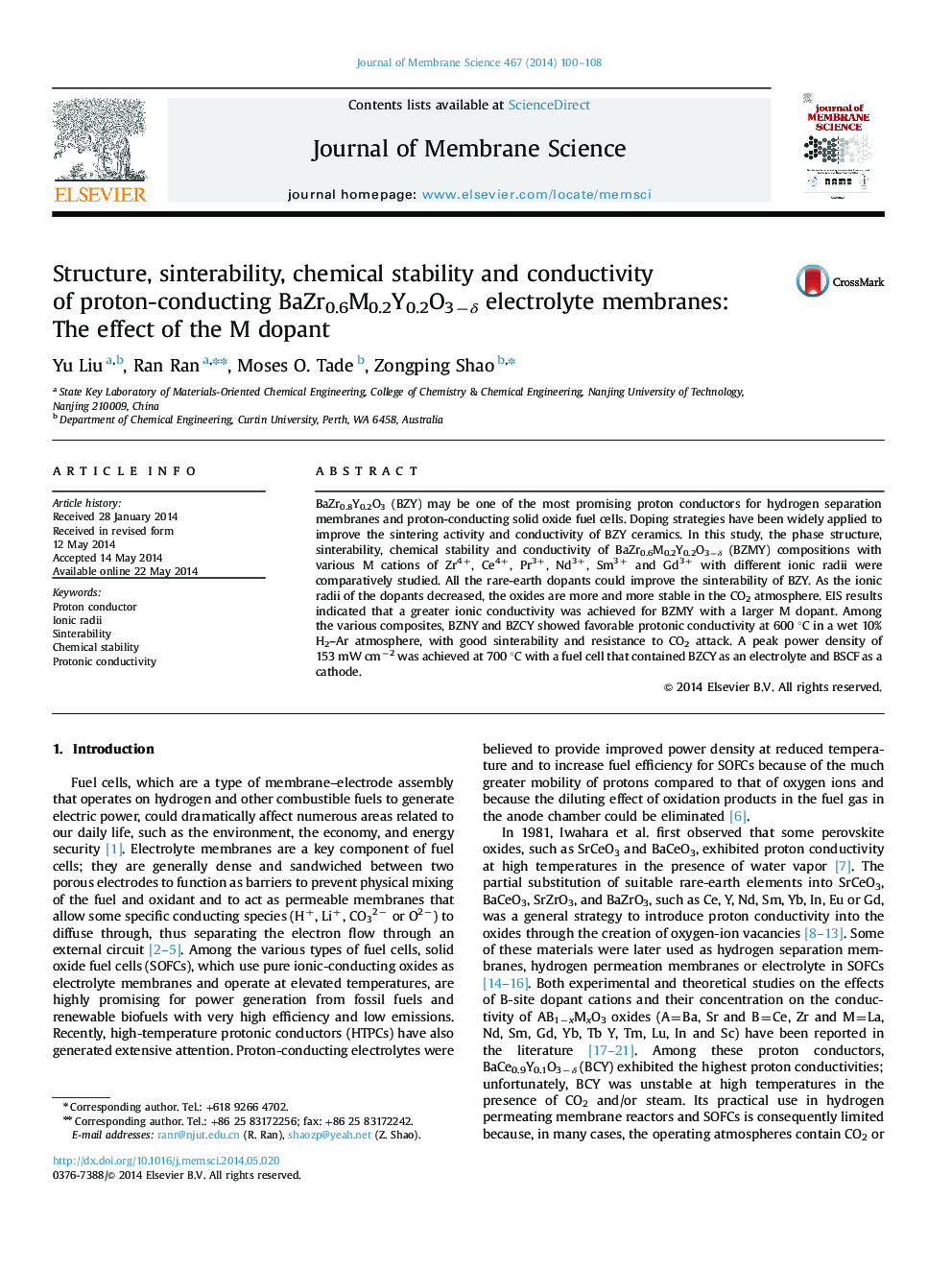 Structure, sinterability, chemical stability and conductivity of proton-conducting BaZr0.6M0.2Y0.2O3−δ electrolyte membranes: The effect of the M dopant