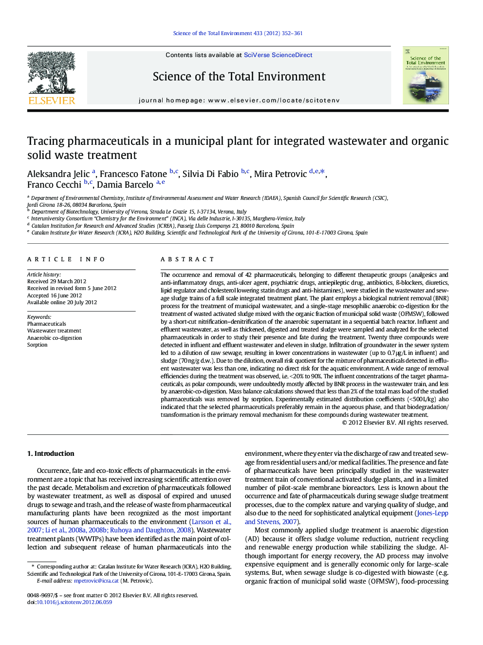 Tracing pharmaceuticals in a municipal plant for integrated wastewater and organic solid waste treatment