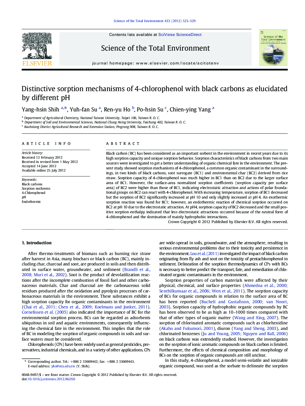 Distinctive sorption mechanisms of 4-chlorophenol with black carbons as elucidated by different pH