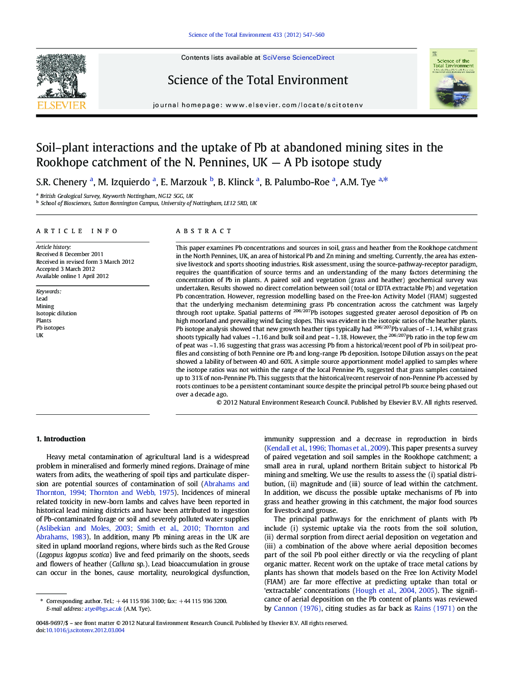 Soil-plant interactions and the uptake of Pb at abandoned mining sites in the Rookhope catchment of the N. Pennines, UK - A Pb isotope study