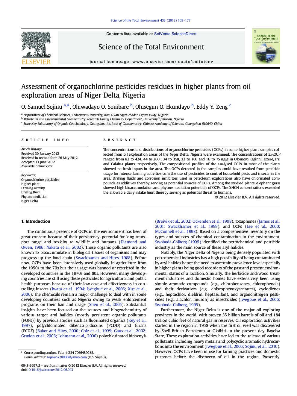 Assessment of organochlorine pesticides residues in higher plants from oil exploration areas of Niger Delta, Nigeria