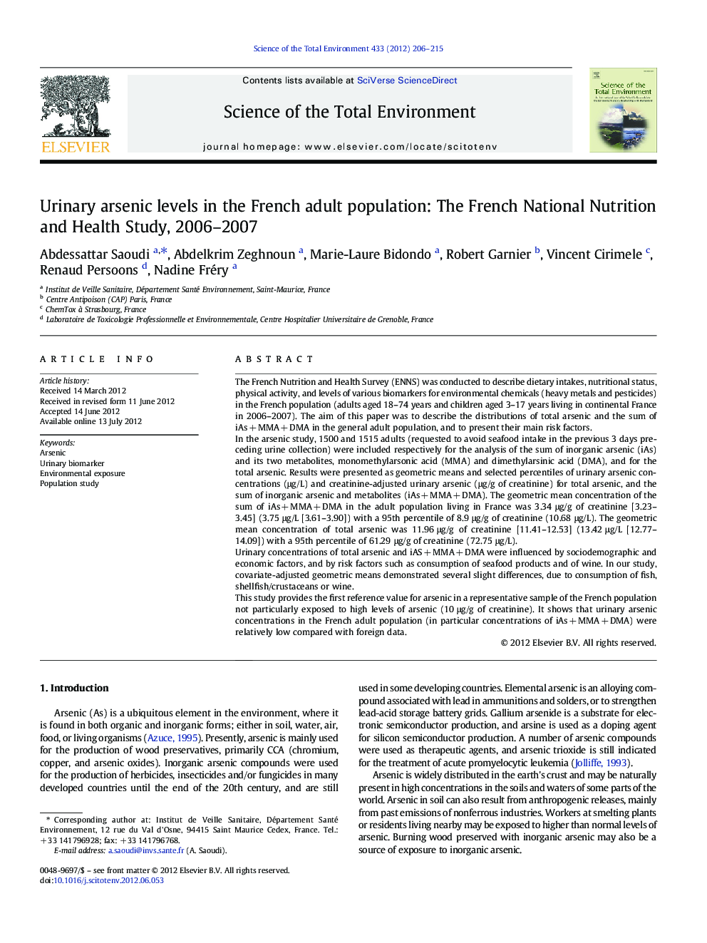 Urinary arsenic levels in the French adult population: The French National Nutrition and Health Study, 2006-2007