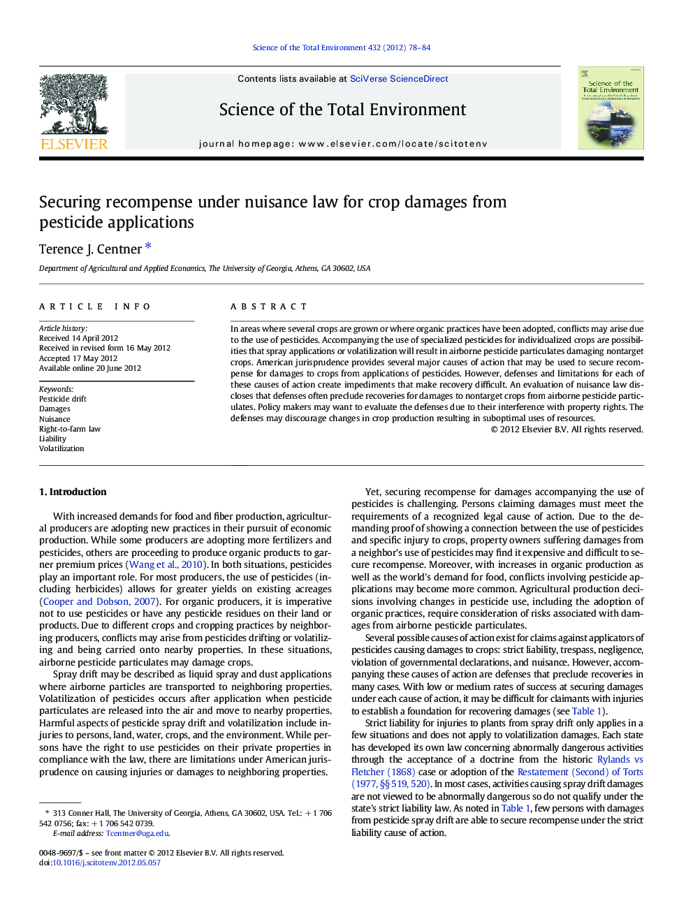 Securing recompense under nuisance law for crop damages from pesticide applications