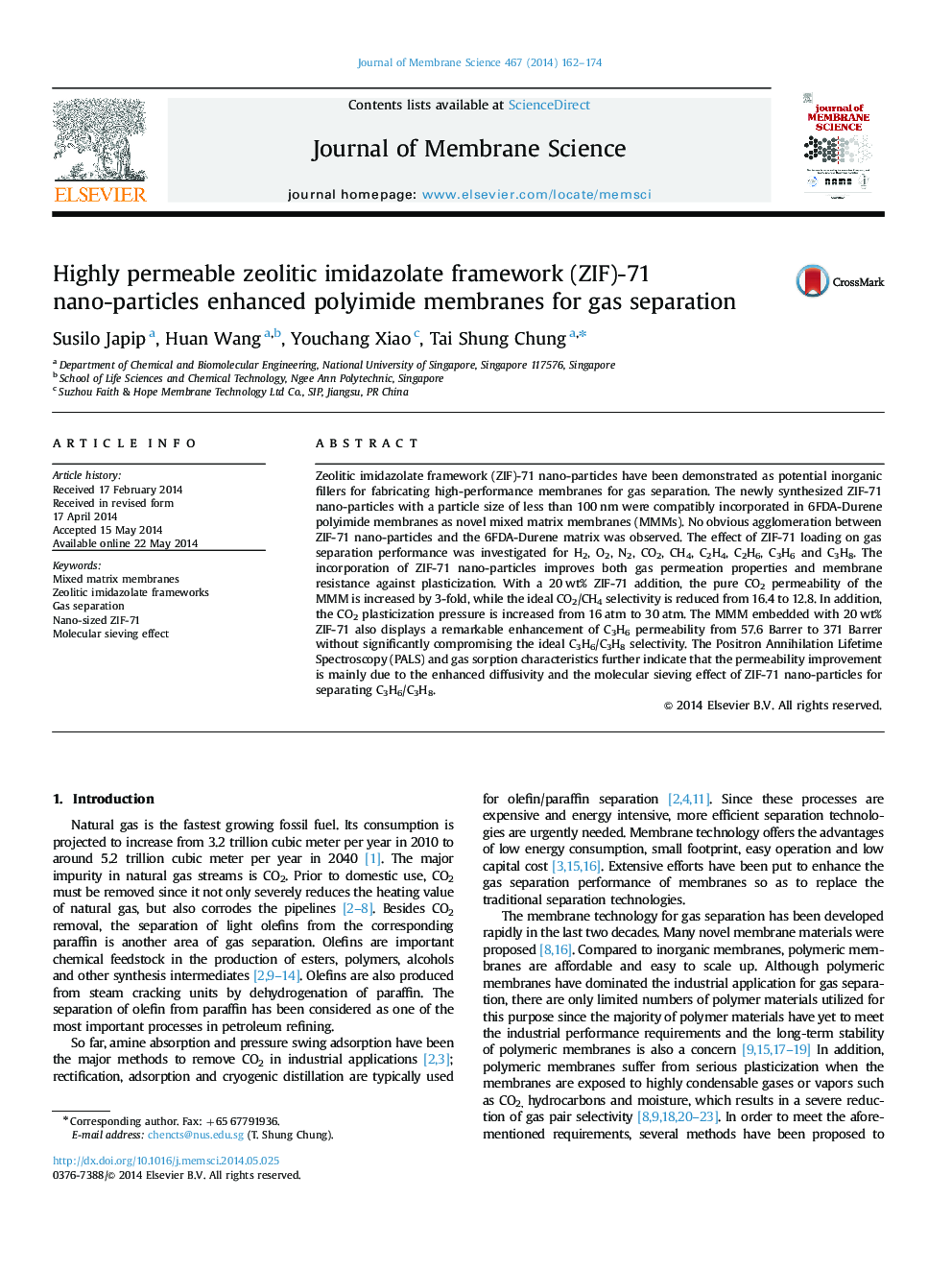 Highly permeable zeolitic imidazolate framework (ZIF)-71 nano-particles enhanced polyimide membranes for gas separation