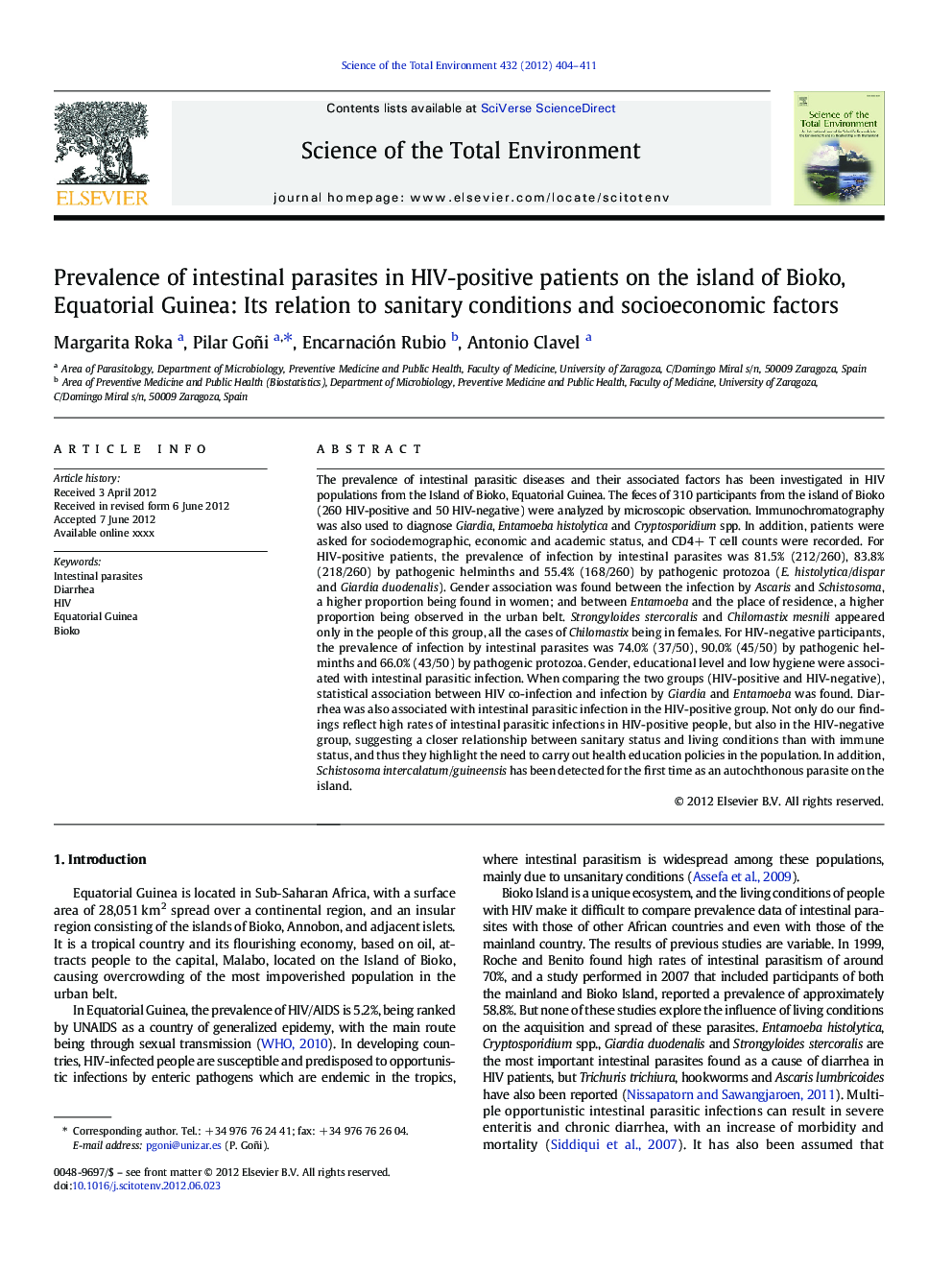 Prevalence of intestinal parasites in HIV-positive patients on the island of Bioko, Equatorial Guinea: Its relation to sanitary conditions and socioeconomic factors