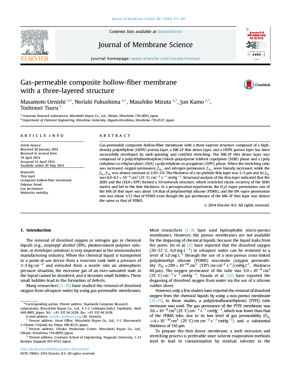 Gas-permeable composite hollow-fiber membrane with a three-layered structure